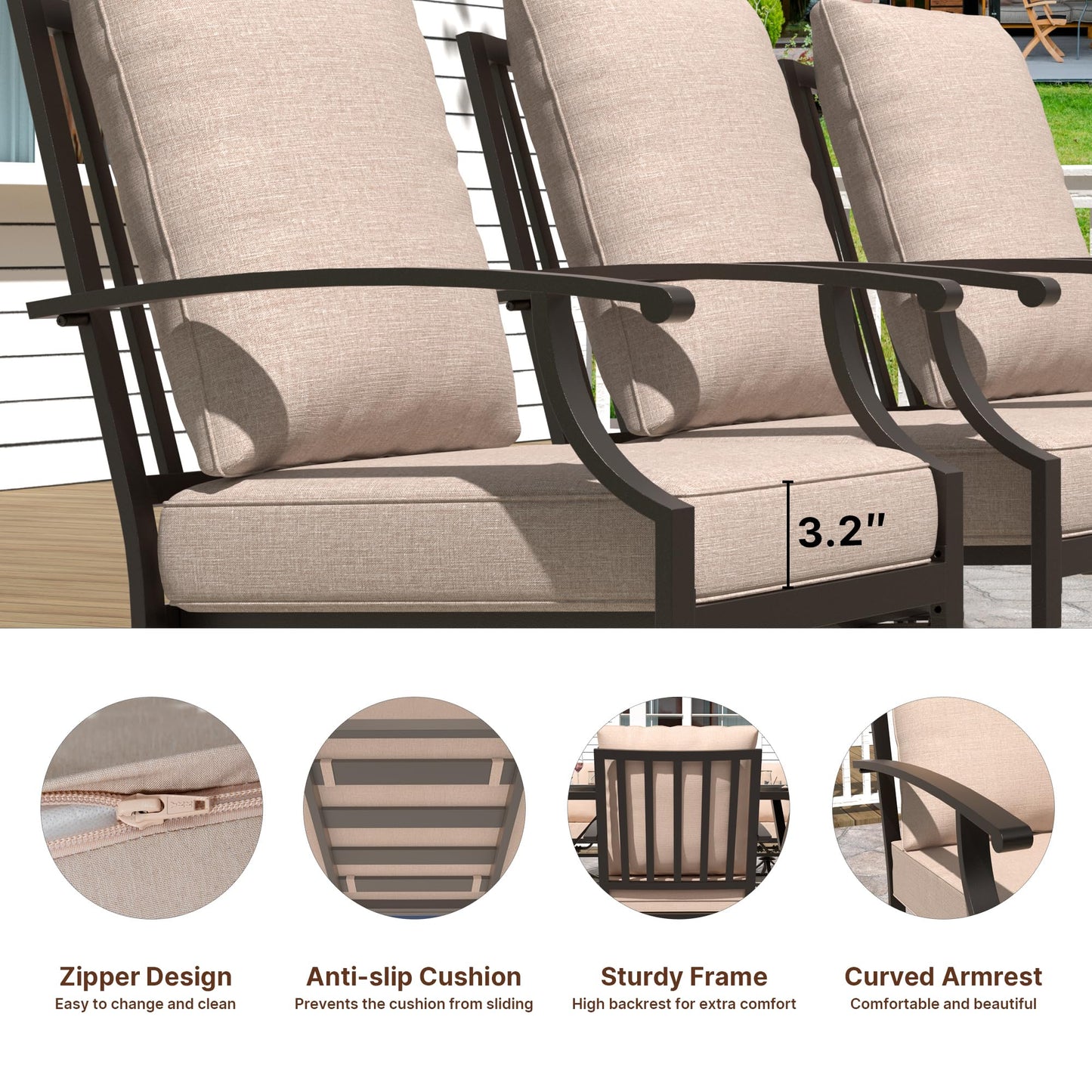 Gotland 9 Piece Outdoor Dining Set, Metal Outdoor Table,6 Single chairs and 2 Swivel Chairs , Patio Furniture Set with Waterproof Cushions, Patio Dining Sets for Backyard Deck ,Sand