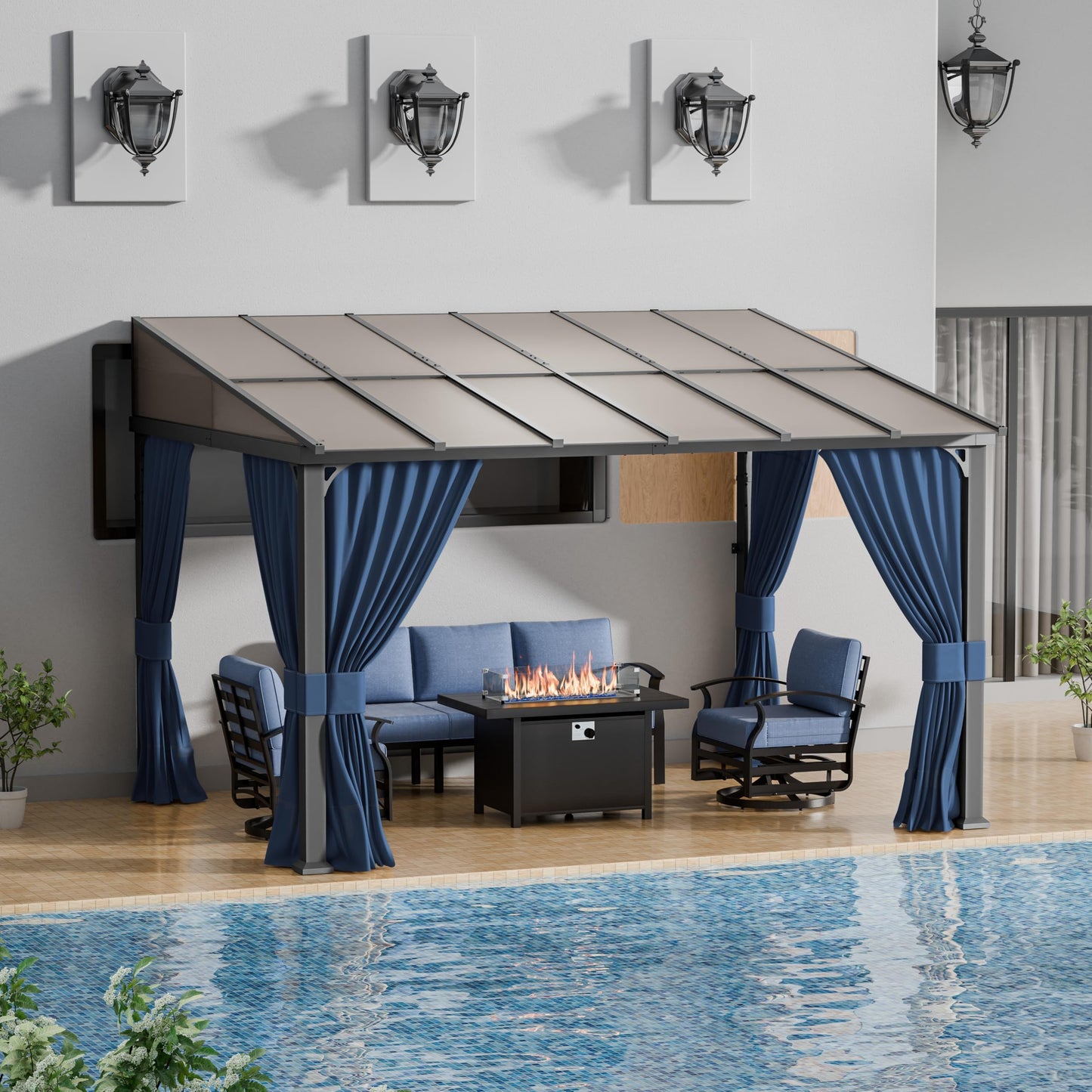 ALAULM 10'x 12' Outdoor Hardtop Gazebo,Wall Mounted Lean to Gazebo with Curtains and Netting,Galvanized Metal Frame,Sunshade for Patio, Backyard, Deck and Lawns (Dark Blue)