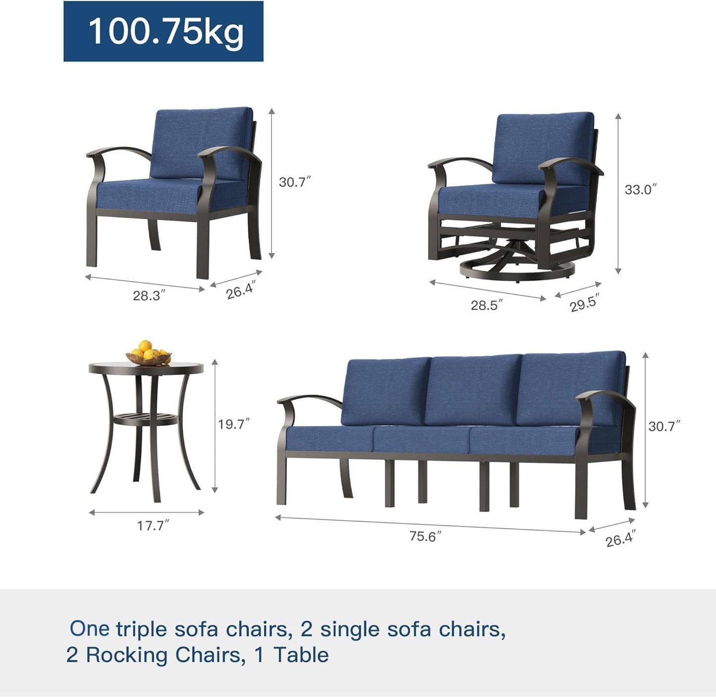 Gotland 7 Piece Aluminum Patio Furniture Set,Modern Metal Outdoor Patio Furniture w/5.1'' Thick Cushion,Swivel Chairs and Round Coffee Table,Patio Conversation Sets for Porch,Deck