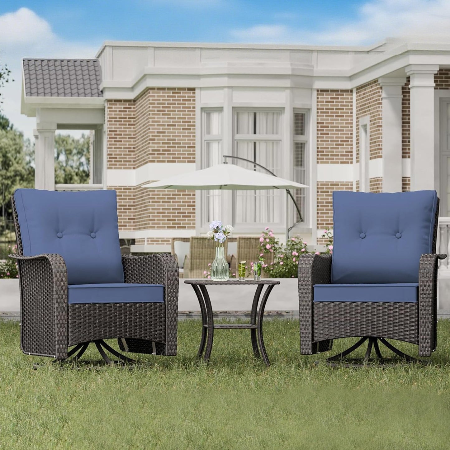 Gotland 3-Piece All-Weather Outdoor Patio Set, Wicker Swivel Chairs and Side Table, Durable Conversation Furniture for Backyard, Porch, Balcony, Deck