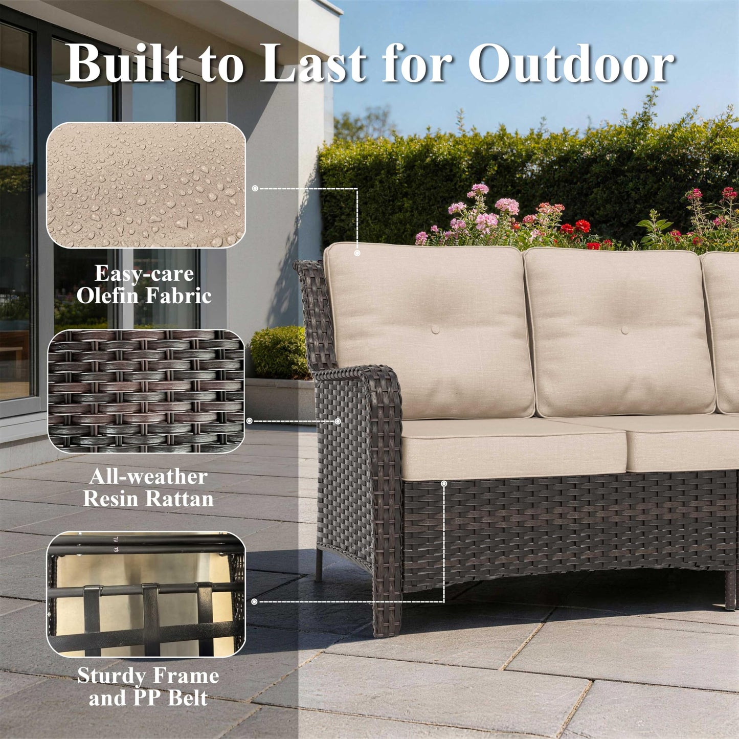 ALAULM 8PCS Patio Furniture Set, Outdoor Thick Wicker Sectional Sofas with Swivel Chair & Ottoman, High Back Sectional Couch with Fire Pit Table, Outdoor Conversation Set for Backyard, Porch, Sand