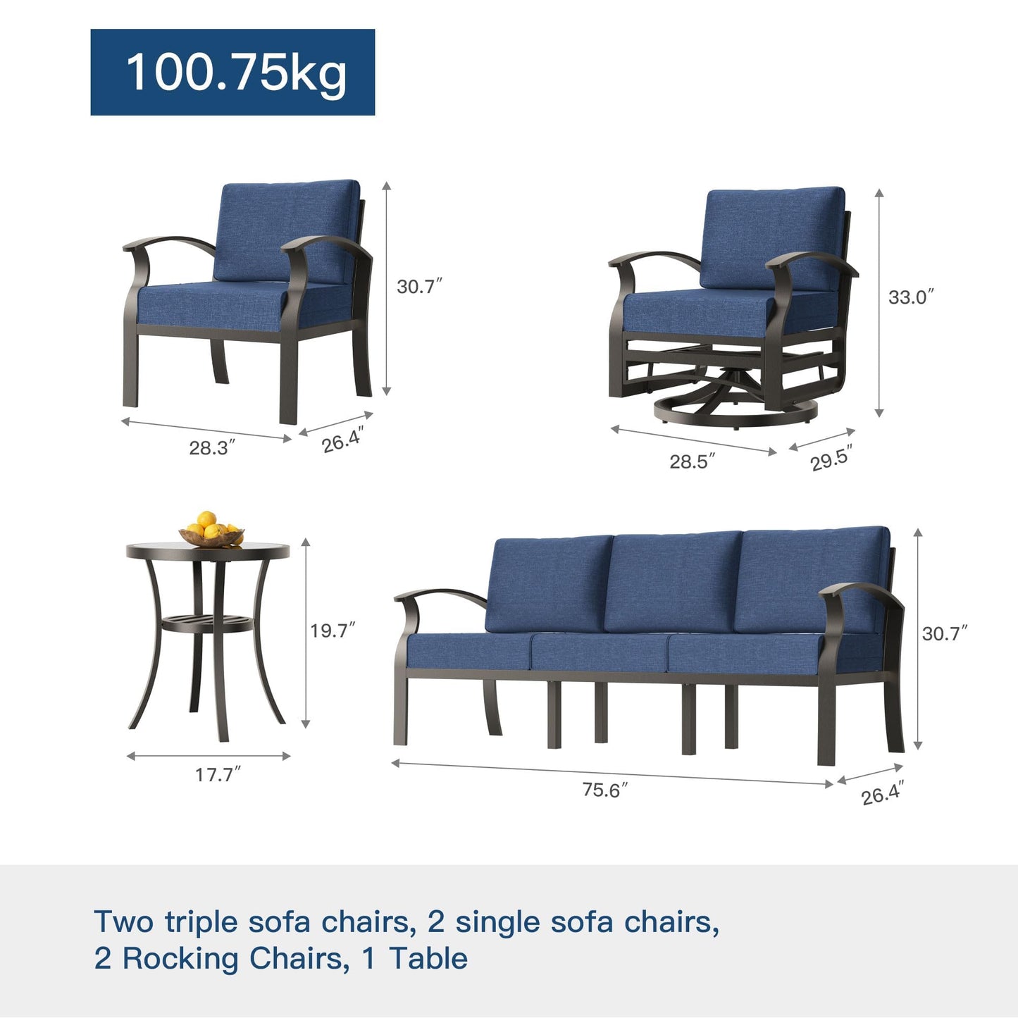 Gotland 10 PieceAluminum Patio Furniture Set,Modern Metal Outdoor Patio Furniture w/5.1'' Thick Cushion,Swivel Chairs and Rectangular Coffee Table,Patio Conversation Sets for Porch,Deck
