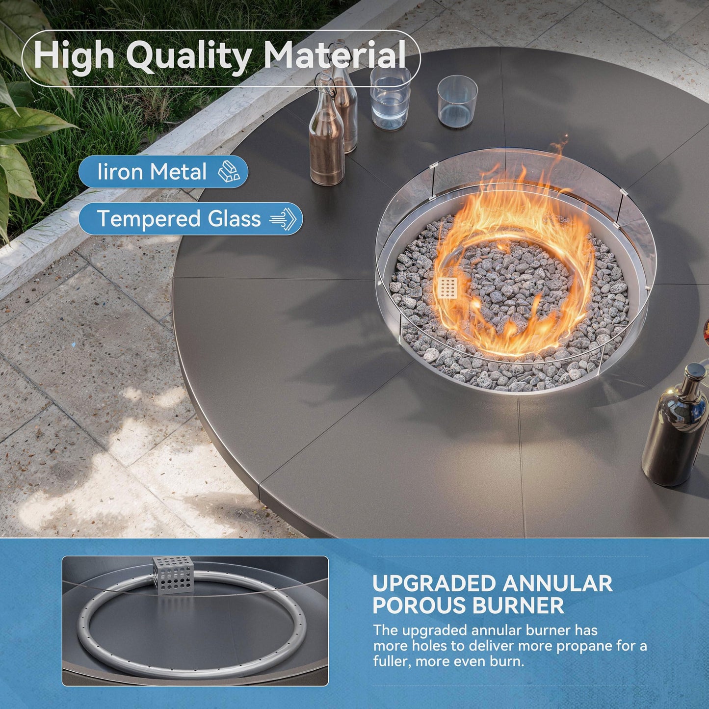 ALAULM 5PCS Metal Outdoor Patio Furniture Set with 48"/55000 BTU Round Propane Fire Pit Table,Patio Conversation Sets 4 Fixed Chairs No-Slip Cushions