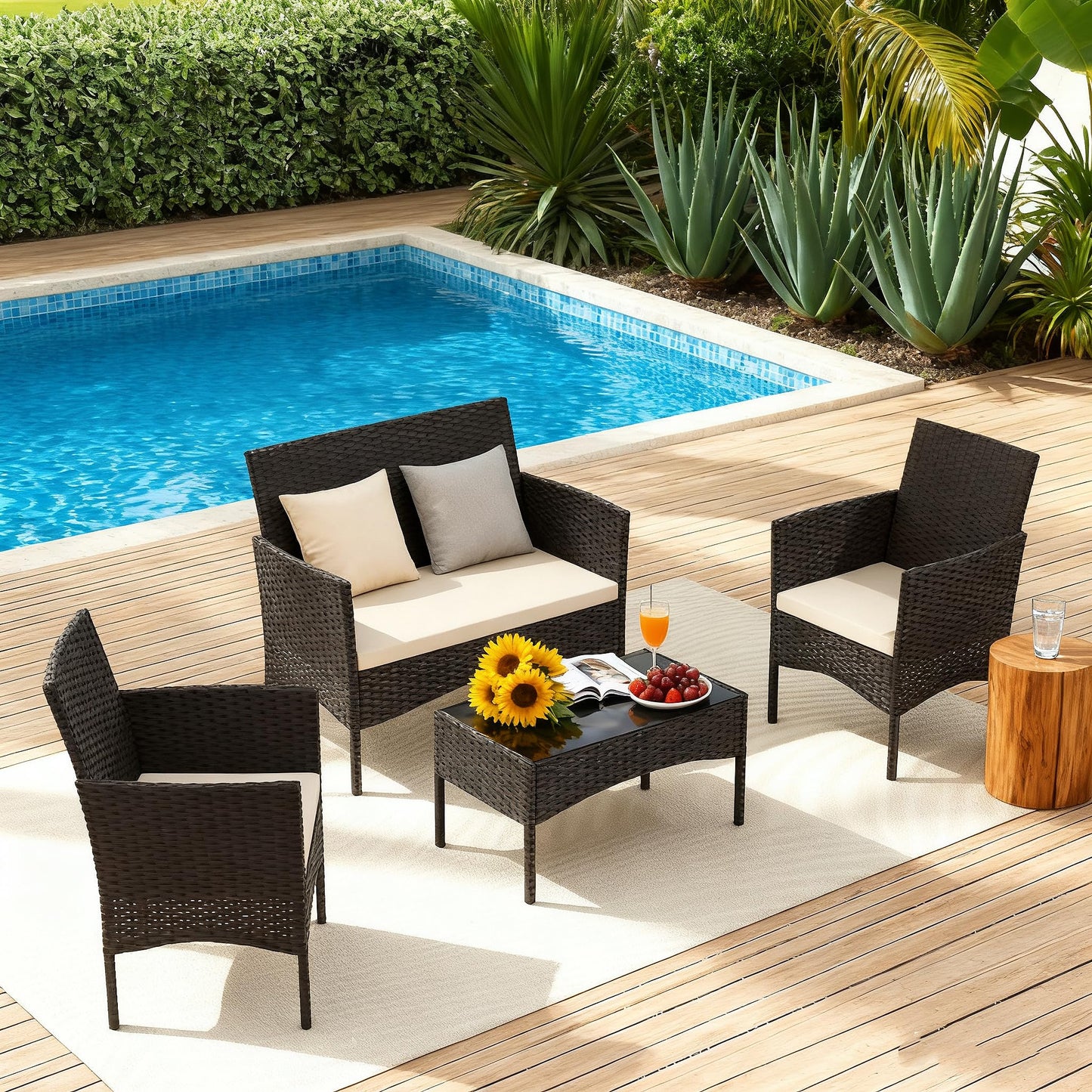 Gotland 4-Piece Outdoor Patio Furniture Set, Wicker Rattan Chairs & Sofa with Cushions and Glass Coffee Table, Conversation Set for Backyard, Lawn, Porch, Pool, Garden,Khaki