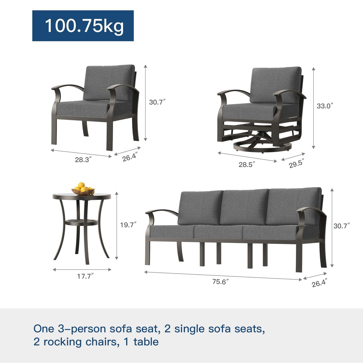 Gotland 7 Piece Aluminum Patio Furniture Set,Modern Metal Outdoor Patio Furniture w/5.1'' Thick Cushion,Swivel Chairs and Round Coffee Table,Patio Conversation Sets for Porch,Deck