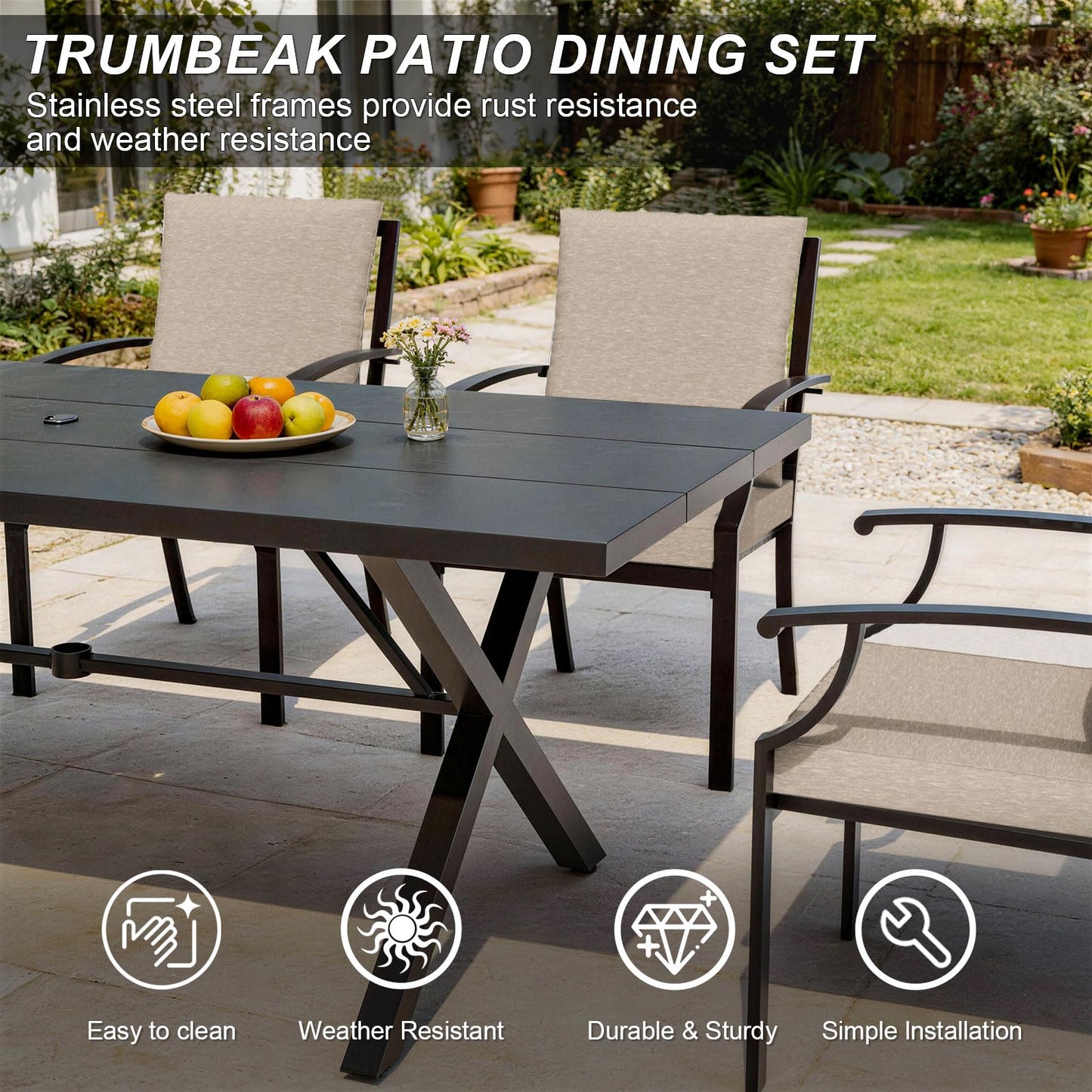 Gotland 10PCS Patio Conversation Set, Metal Outdoor Furniture Set Includes 13.6FT Umbrella, Hole Cut-Out 78.7" x 35.4" Table and 8 Metal Stackable chairs for Backyard Garden