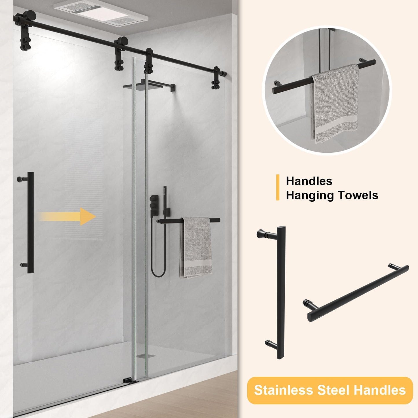 Gotland 56-60" W x 75" H Frameless Shower Door, Sliding Shower Door with 5/16" (8mm) Clear SGCC Tempered Glass Stainless Steel Hardware Waterproof Seal Explosion-Proof Film, Glass Shower Door