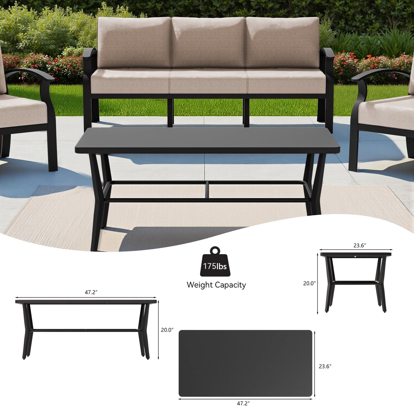 Gotland 7 Piece Aluminum Patio Furniture Set,Modern Metal Outdoor Patio Furniture w/5.1'' Thick Cushion,Swivel Chairs and Rectangular Coffee Table,Patio Conversation Sets for Porch,Deck