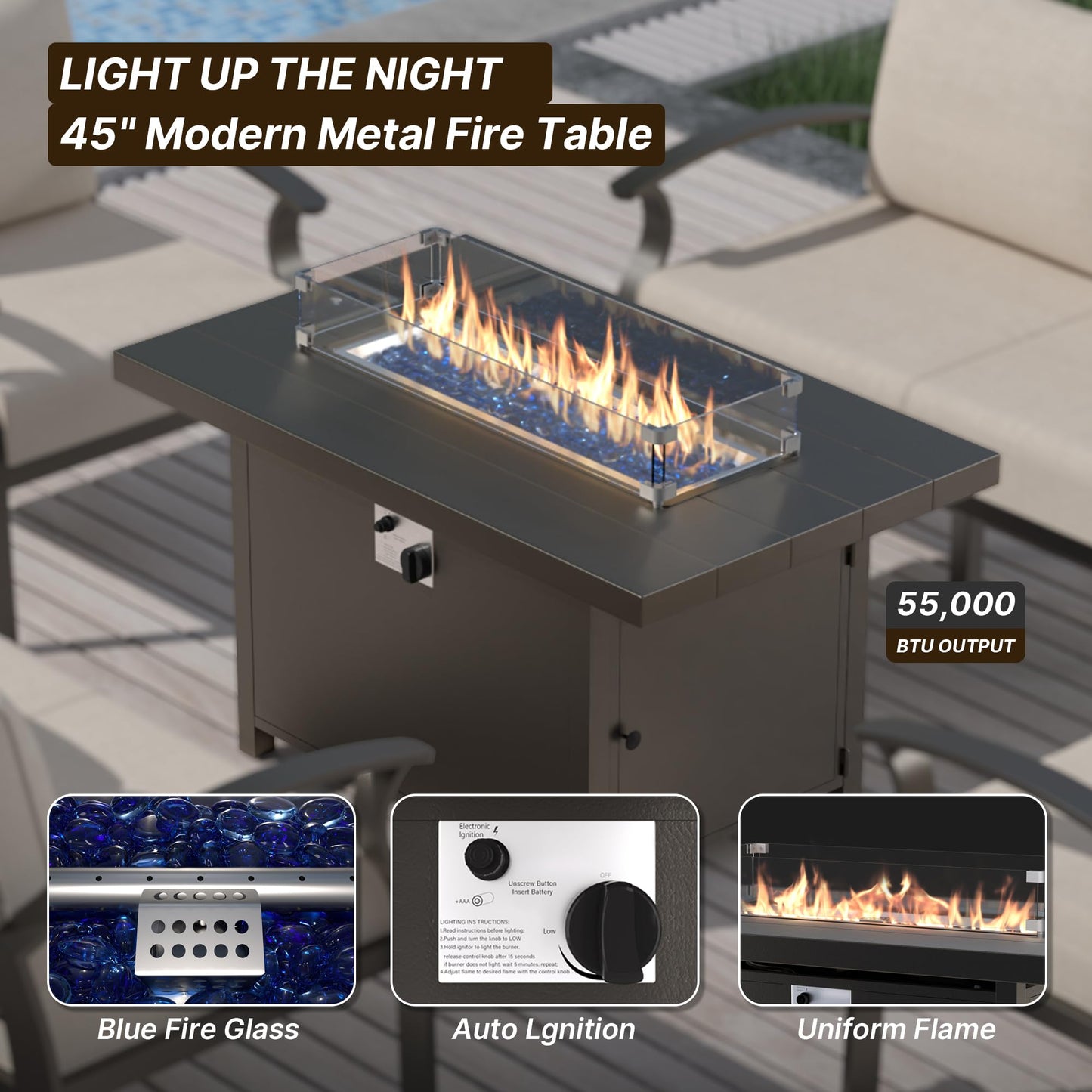 Gotland 8 Seats Outdoor Metal Patio Furniture Set with 55,000 BTU Gas Fire Pit Table w/Glass Wind Guard Patio Conversation Sectional Sofa Sets