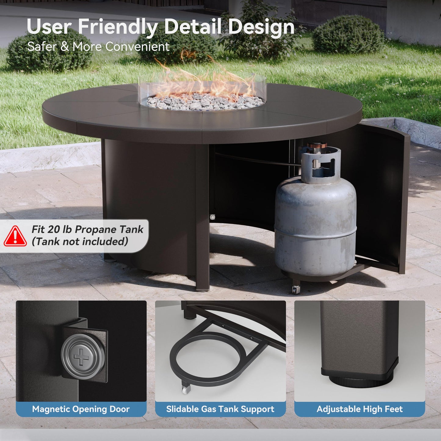 ALAULM 7PCS Metal Outdoor Patio Furniture Set with 48"/55000 BTU Round Fire Pit Table,Outdoor Dining Table Set 6 Swivel Chairs No-Slip Cushions
