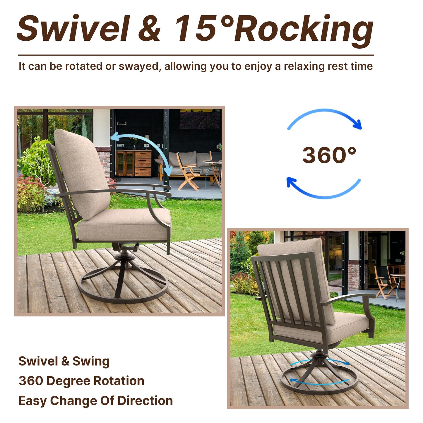 Gotland 9 Piece Outdoor Dining Set, Metal Outdoor Table,6 Single chairs and 2 Swivel Chairs , Patio Furniture Set with Waterproof Cushions, Patio Dining Sets for Backyard Deck ,Sand