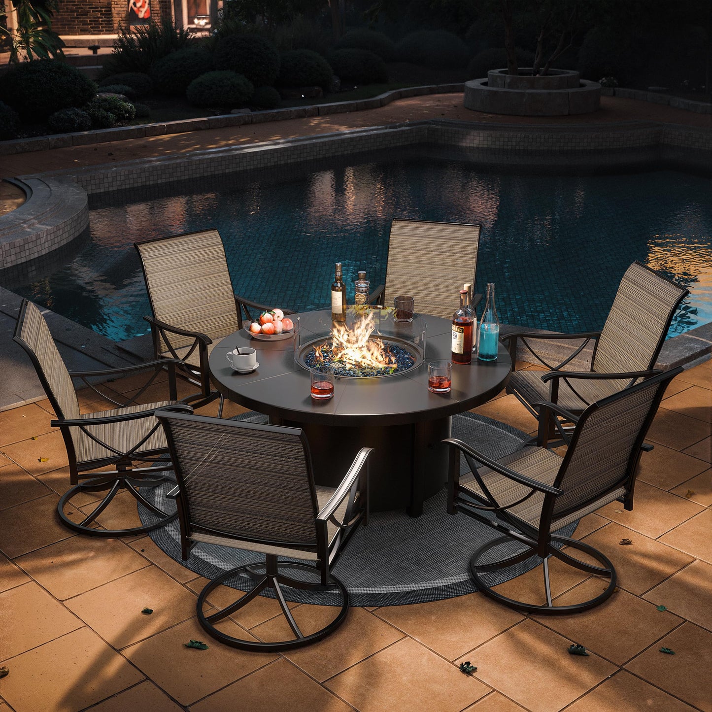 ALAULM 5 Piece Outdoor Conversation Sets, 4 Textilene Fabric Swivel Chairs with Metal Frame and w/48in Propane Round Fire Pit Table for Deck Garden Backyard Porch,Brown