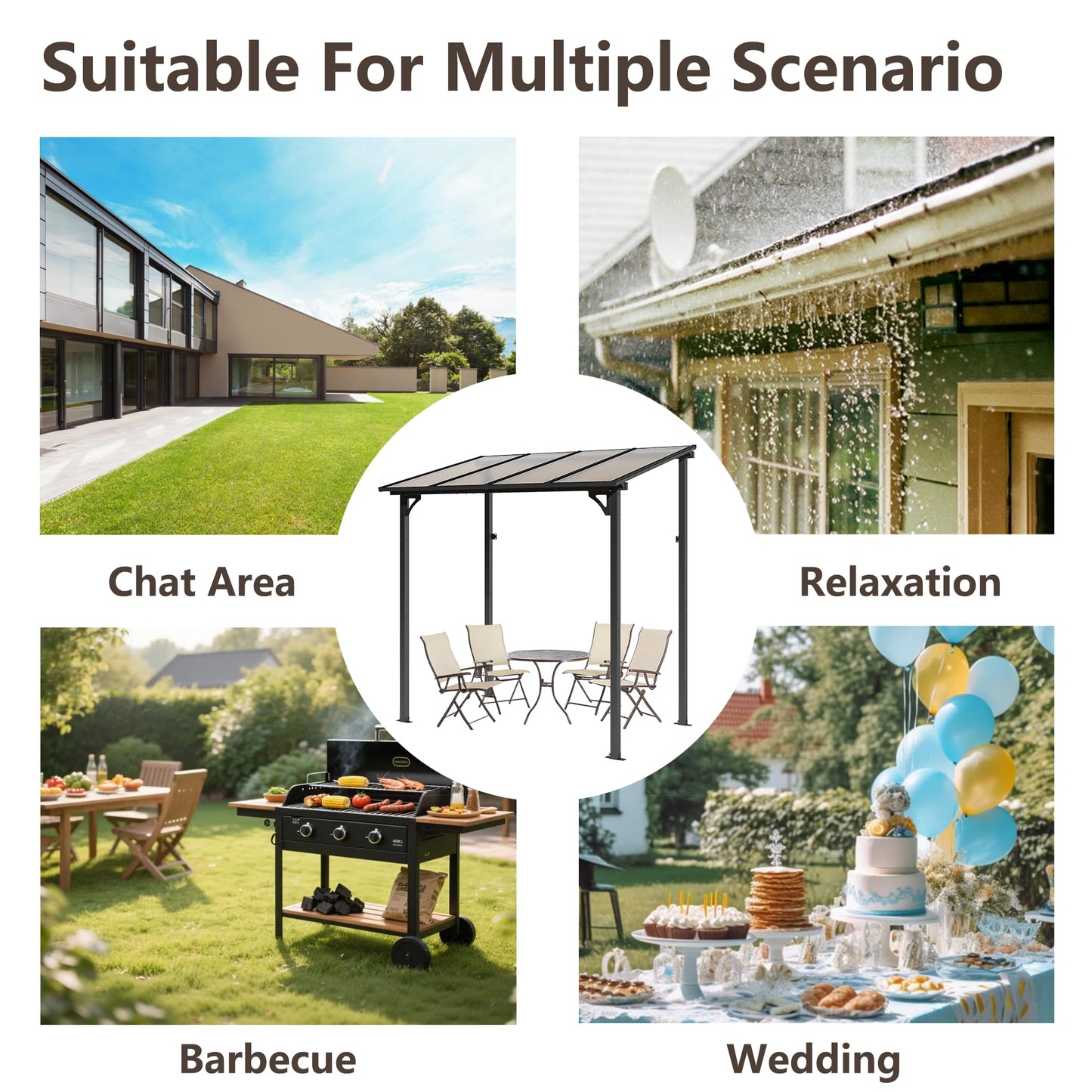 ALAULM 5 FT x 8 FT Pergola, Lean to Gazebo with Ground Anchor Sturdy Structure, Outdoor Gazebo with Sloped Roof, Galvanized Steel Metal Pergola, Wall Mounted Gazebo for Backyard Deck Tawny