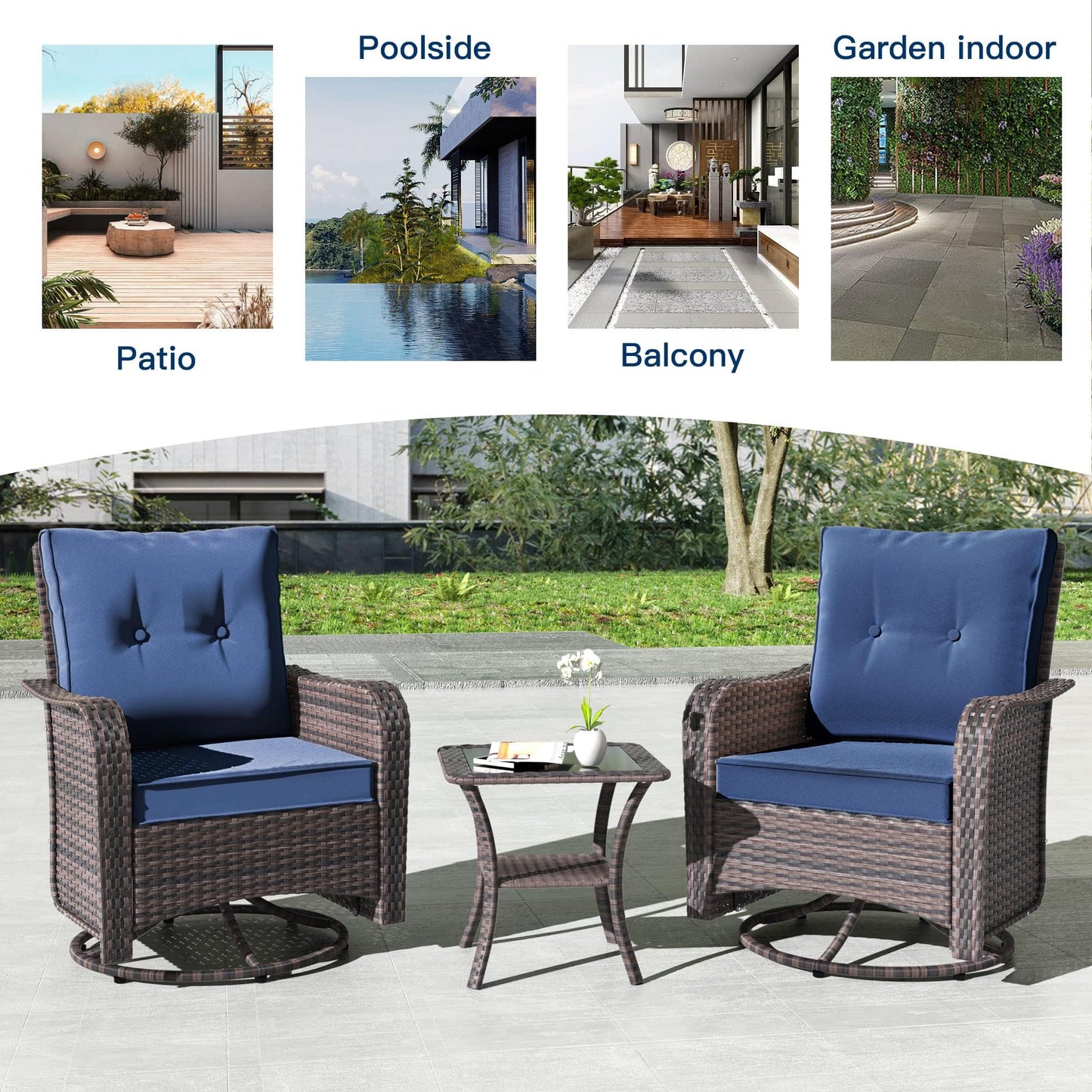 Gotland 5 Pieces Outdoor Swivel Chairs Set,Patio Wicker Rocker Chairs with 4" Thick Cushions,Side Table and Ottomans,Patio Conversation Furniture Set for Patio Porch Deck Backyard