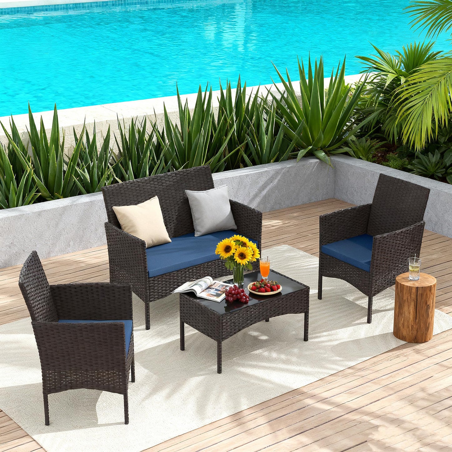 Gotland 4-Piece Outdoor Patio Furniture Set, Wicker Rattan Chairs & Sofa with Cushions and Glass Coffee Table, Conversation Set for Backyard, Lawn, Porch, Pool, Garden,Khaki
