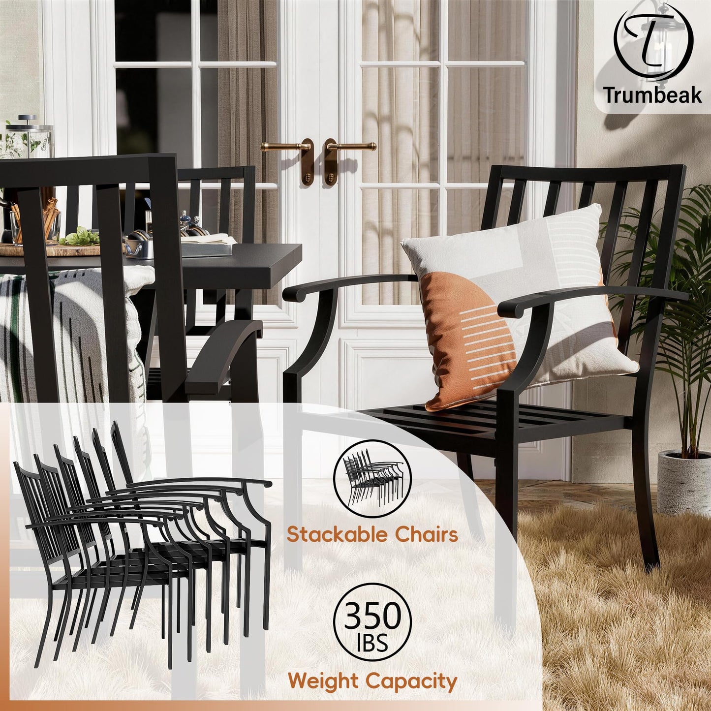 Gotland 10PCS Patio Conversation Set, Metal Outdoor Furniture Set Includes 13.6FT Umbrella, Hole Cut-Out 78.7" x 35.4" Table and 8 Metal Stackable chairs for Backyard Garden