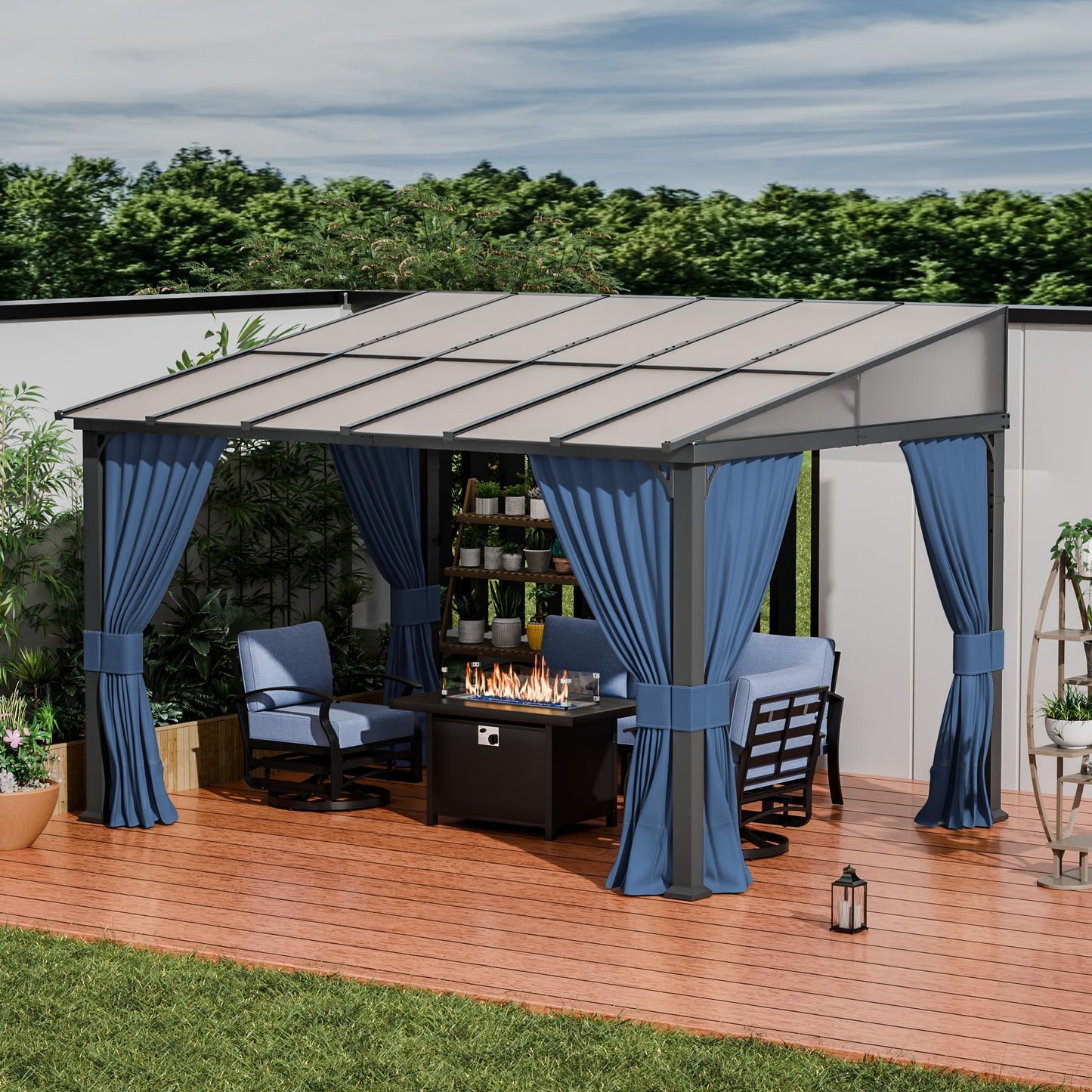 ALAULM 10'x 12' Outdoor Hardtop Gazebo,Wall Mounted Lean to Gazebo with Curtains and Netting,Galvanized Metal Frame,Sunshade for Patio, Backyard, Deck and Lawns (Dark Blue)