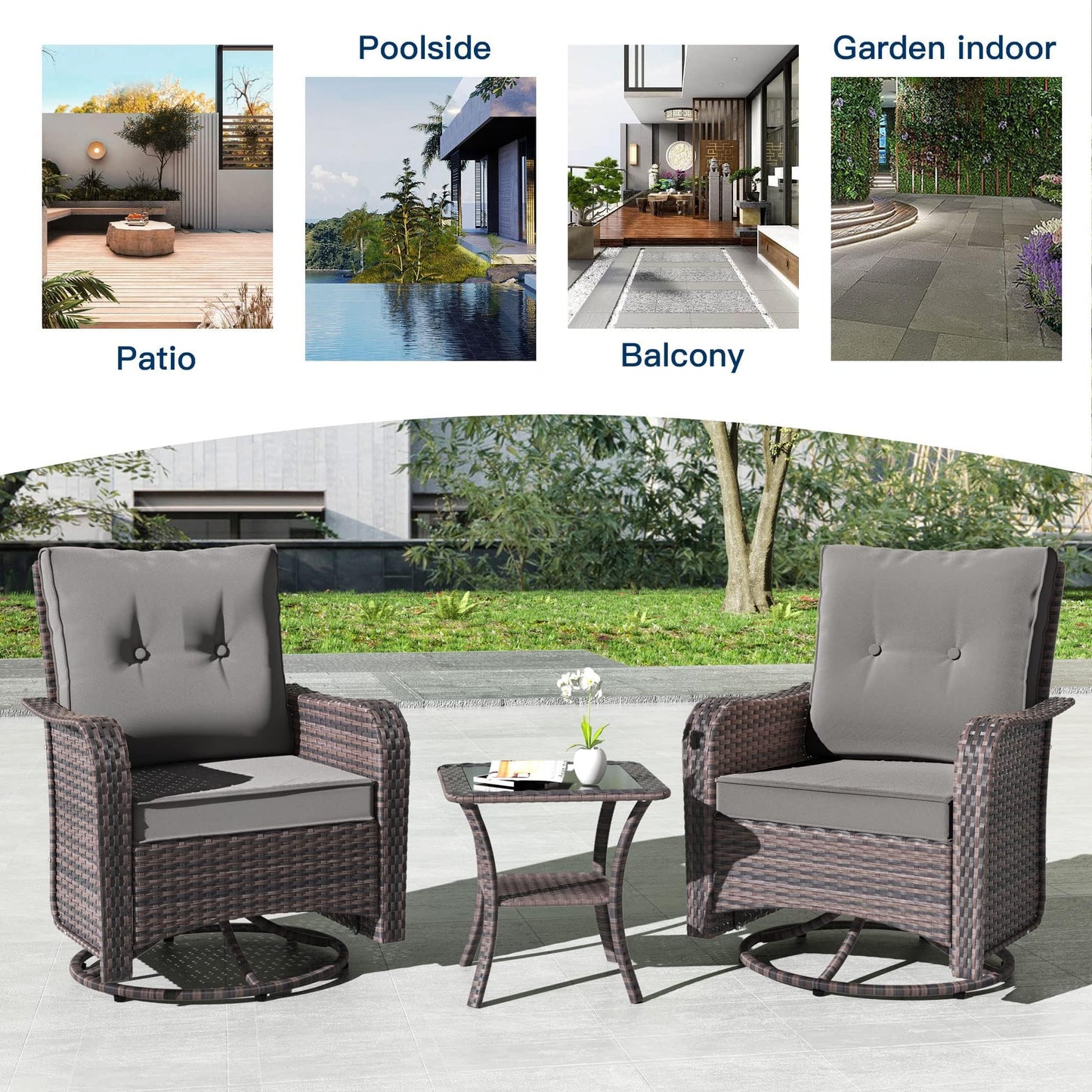Gotland 5 Pieces Outdoor Swivel Chairs Set,Patio Wicker Rocker Chairs with 4" Thick Cushions,Side Table and Ottomans,Patio Conversation Furniture Set for Patio Porch Deck Backyard