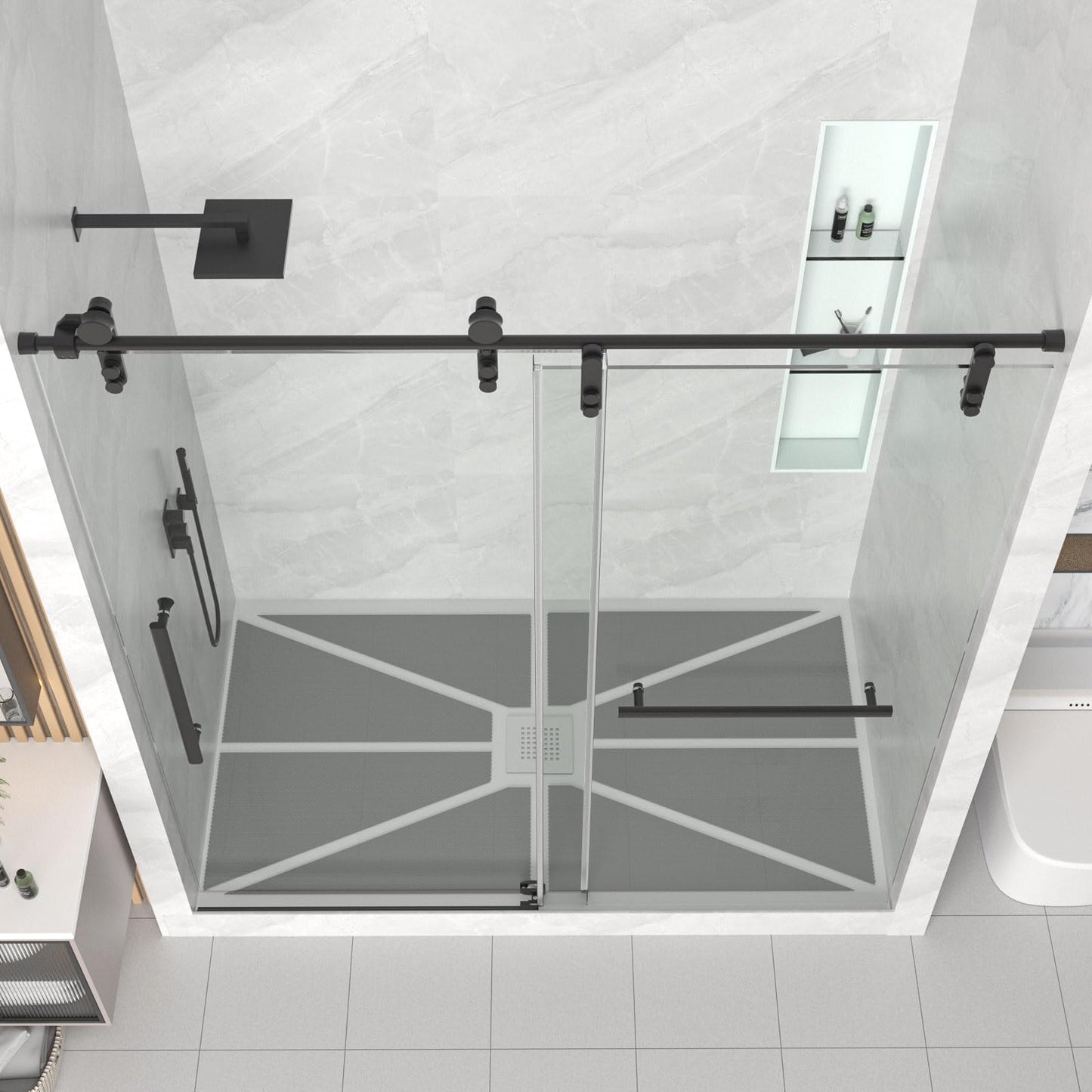 Gotland 56-60" W x 75" H Frameless Shower Door, Sliding Shower Door with 5/16" (8mm) Clear SGCC Tempered Glass Stainless Steel Hardware Waterproof Seal Explosion-Proof Film, Glass Shower Door