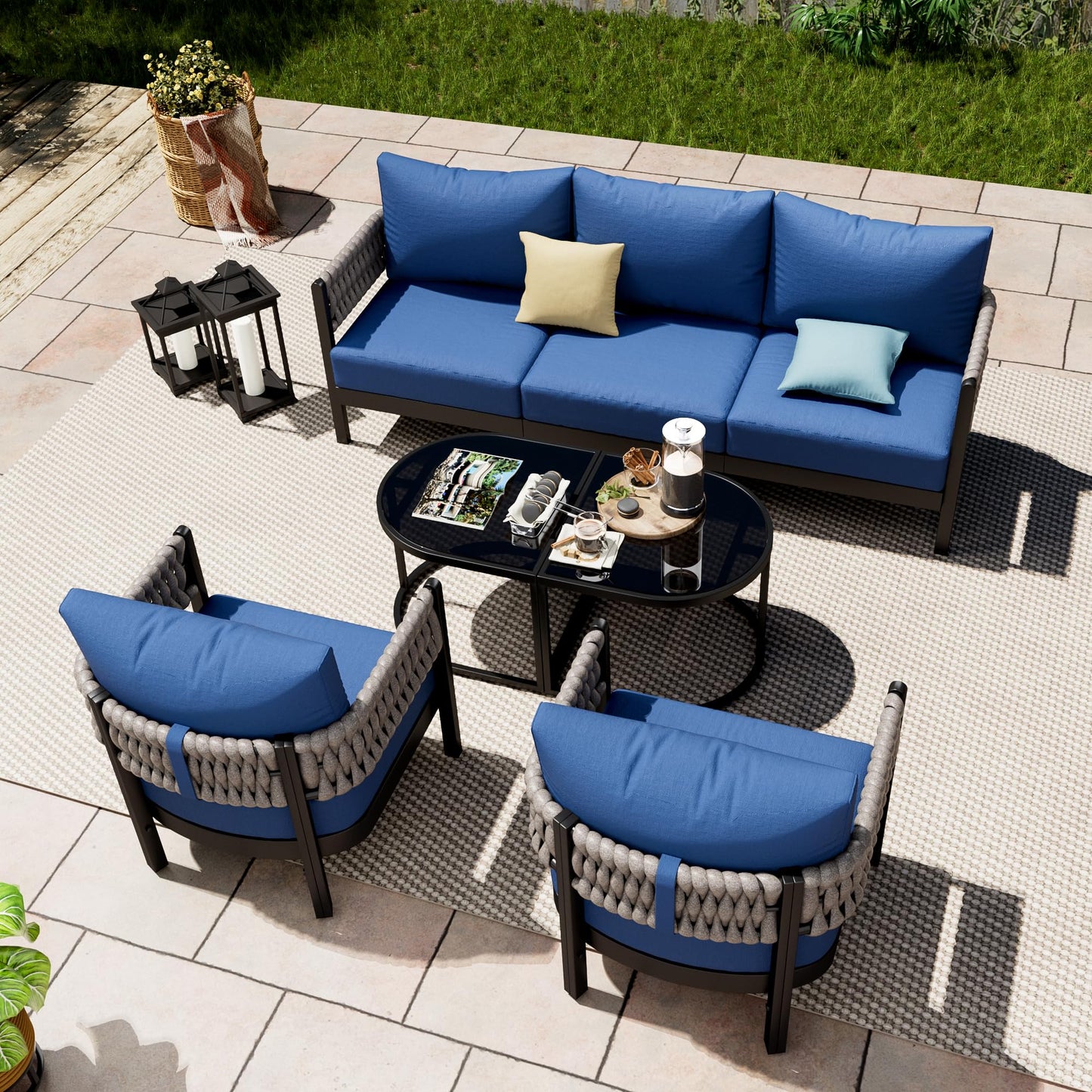Aluminum Patio Furniture Set,5 Pieces HDPE Rope Patio Conversation Sets with Modular Coffee Table,Metal Outdoor Sectional Furniture w/5.9" Thick Cushions for Porch,Deck,Backyard,Navy Blue
