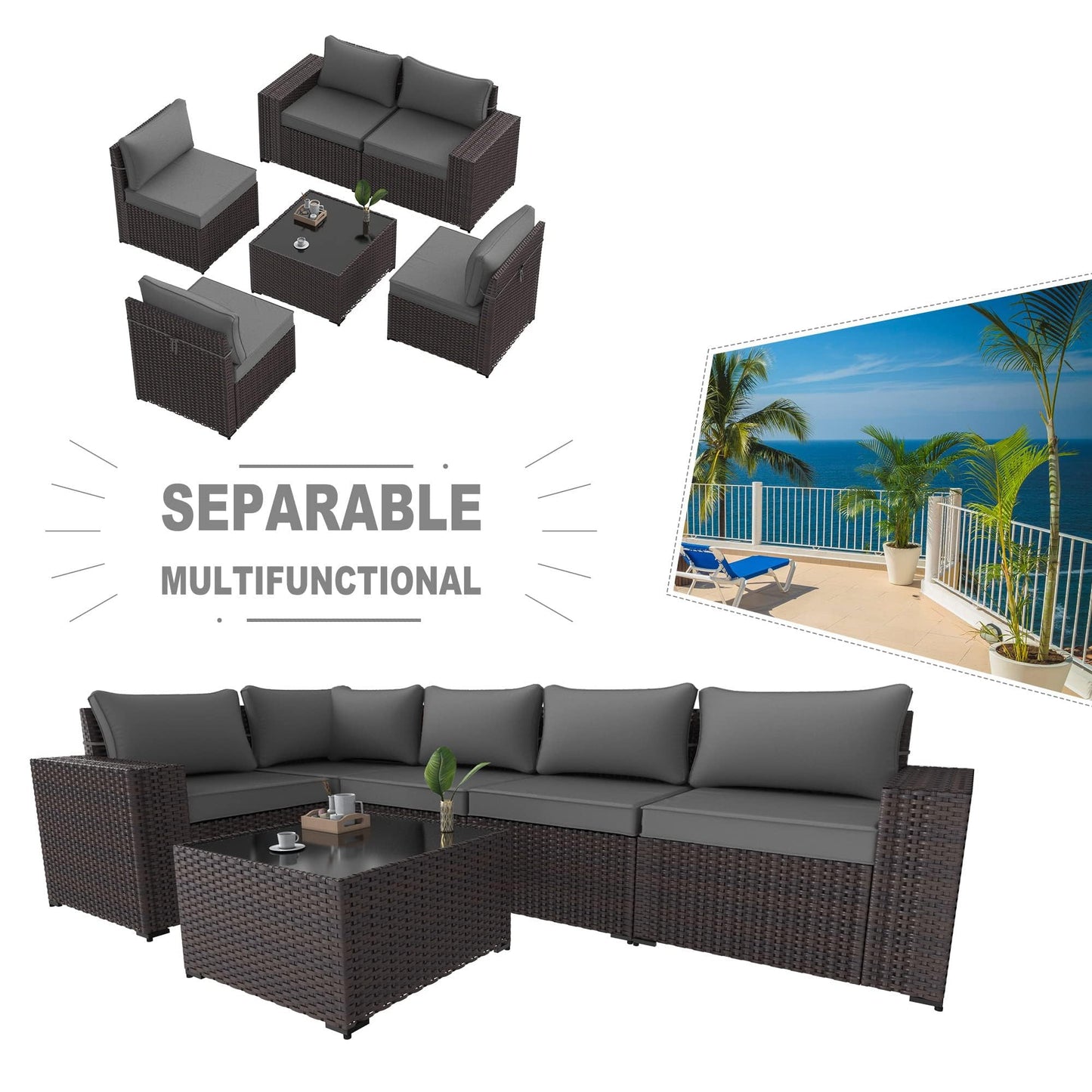 Gotland 6 Pieces Outdoor Patio Furniture Set Rattan Wicker Conversation Set,Wide Armrest
