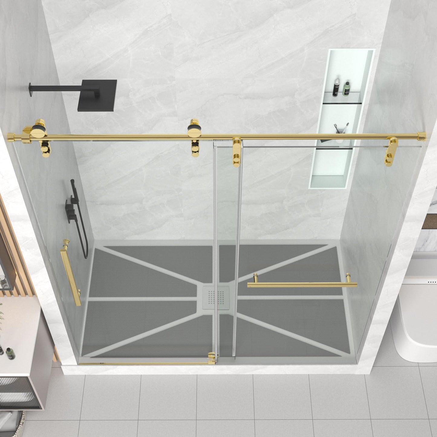 Gotland 56-60" W x 75" H Frameless Shower Door, Sliding Shower Door with 5/16" (8mm) Clear SGCC Tempered Glass Stainless Steel Hardware Waterproof Seal Explosion-Proof Film, Glass Shower Door