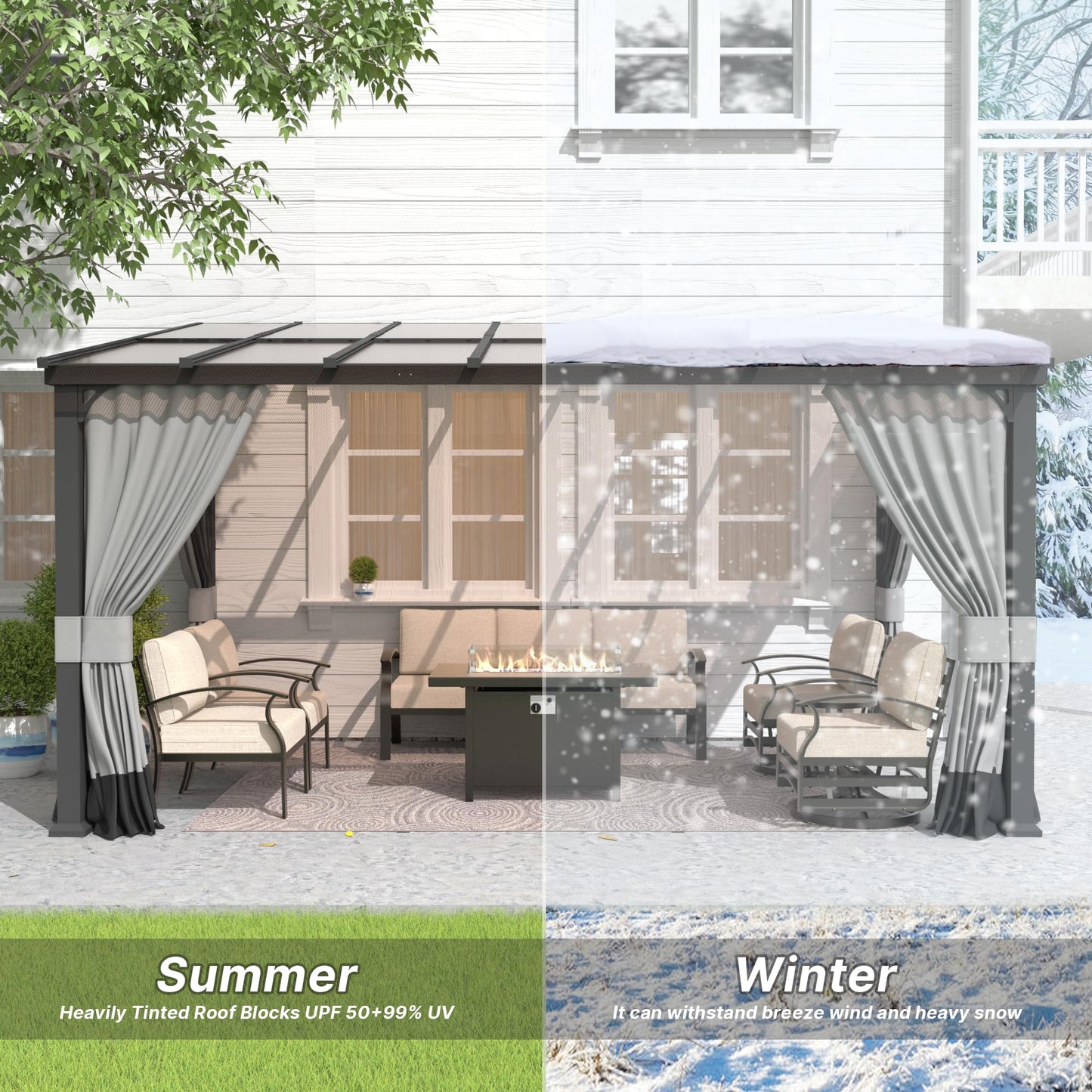 Gotland 10' × 12' Hardtop Gazebo for Patio,Wall-Mounted Lean to Gazebo Pergola with Sloping Roof and Durable Steel Frame,Large Heavy Duty Awnings for Decks,Backyard