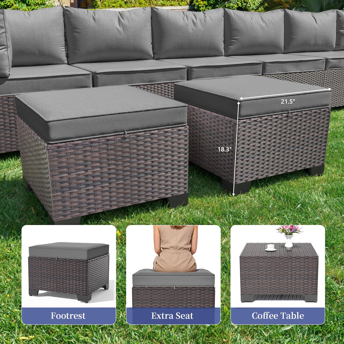 Gotland 10 Pieces Outdoor Patio Furniture Set, Outdoor Sectional Furniture with 43" 55000 BTU Gas Propane Fire Pit Table, All Weather PE Rattan Wicker Patio Conversation Set with 2 Ottomans