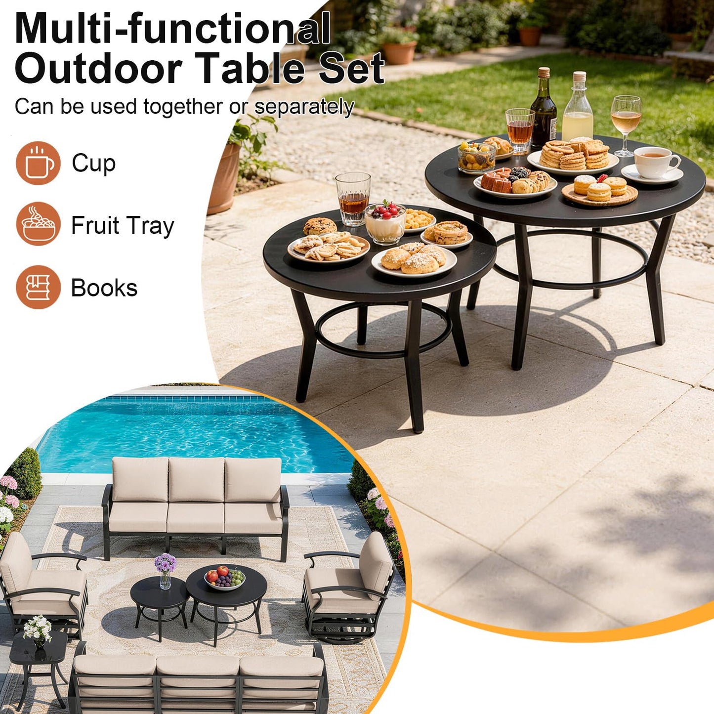 Gotland 6 Piece Patio Set, Aluminum Outdoor Swivel Chairs Set with Round Table 5.1’’ High-Resilience Seat Cushions 29.5" Deep Seating, Metal Patio Furniture Set Patio Conversation Sets