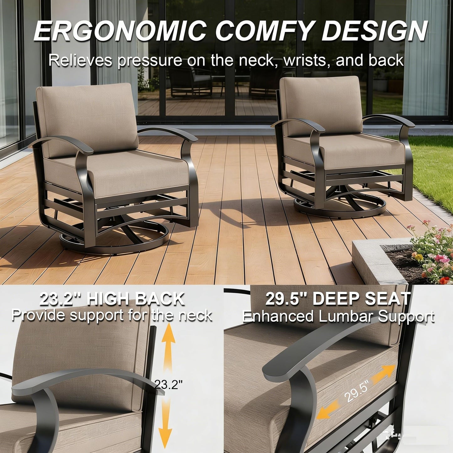 Gotland 6 Piece Patio Set, Aluminum Outdoor Swivel Chairs Set with Round Table 5.1’’ High-Resilience Seat Cushions 29.5" Deep Seating, Metal Patio Furniture Set Patio Conversation Sets