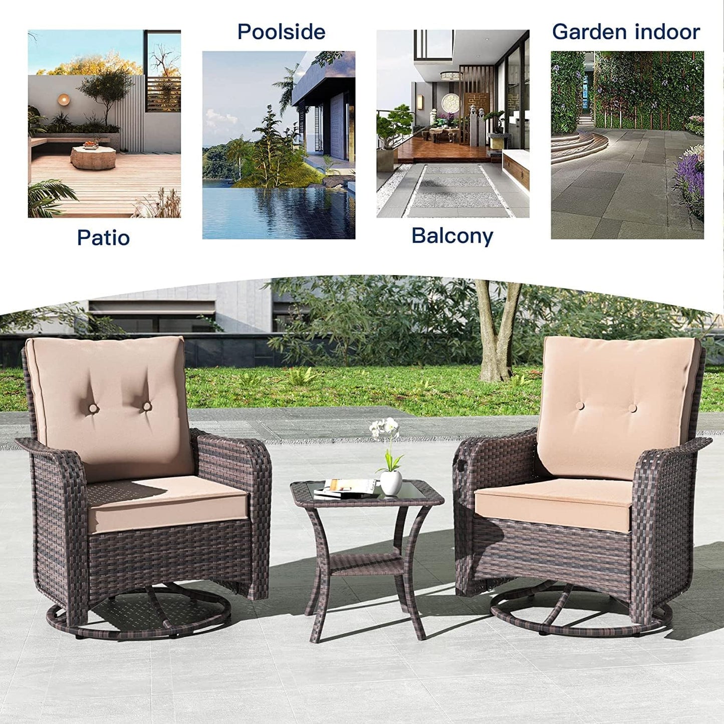 Gotland 5 Pieces Outdoor Swivel Chairs Set,Patio Wicker Rocker Chairs with 4" Thick Cushions,Side Table and Ottomans,Patio Conversation Furniture Set for Patio Porch Deck Backyard