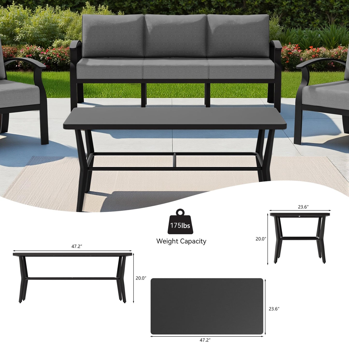 Gotland 7 Piece Aluminum Patio Furniture Set,Modern Metal Outdoor Patio Furniture w/5.1'' Thick Cushion,Swivel Chairs and Rectangular Coffee Table,Patio Conversation Sets for Porch,Deck