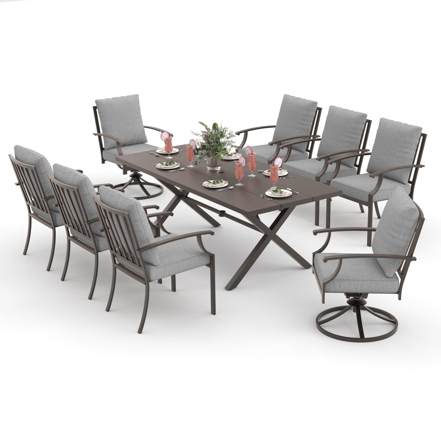 9-Piece Patio Dining Set | Swivel Chairs & Metal Table with Umbrella Hole