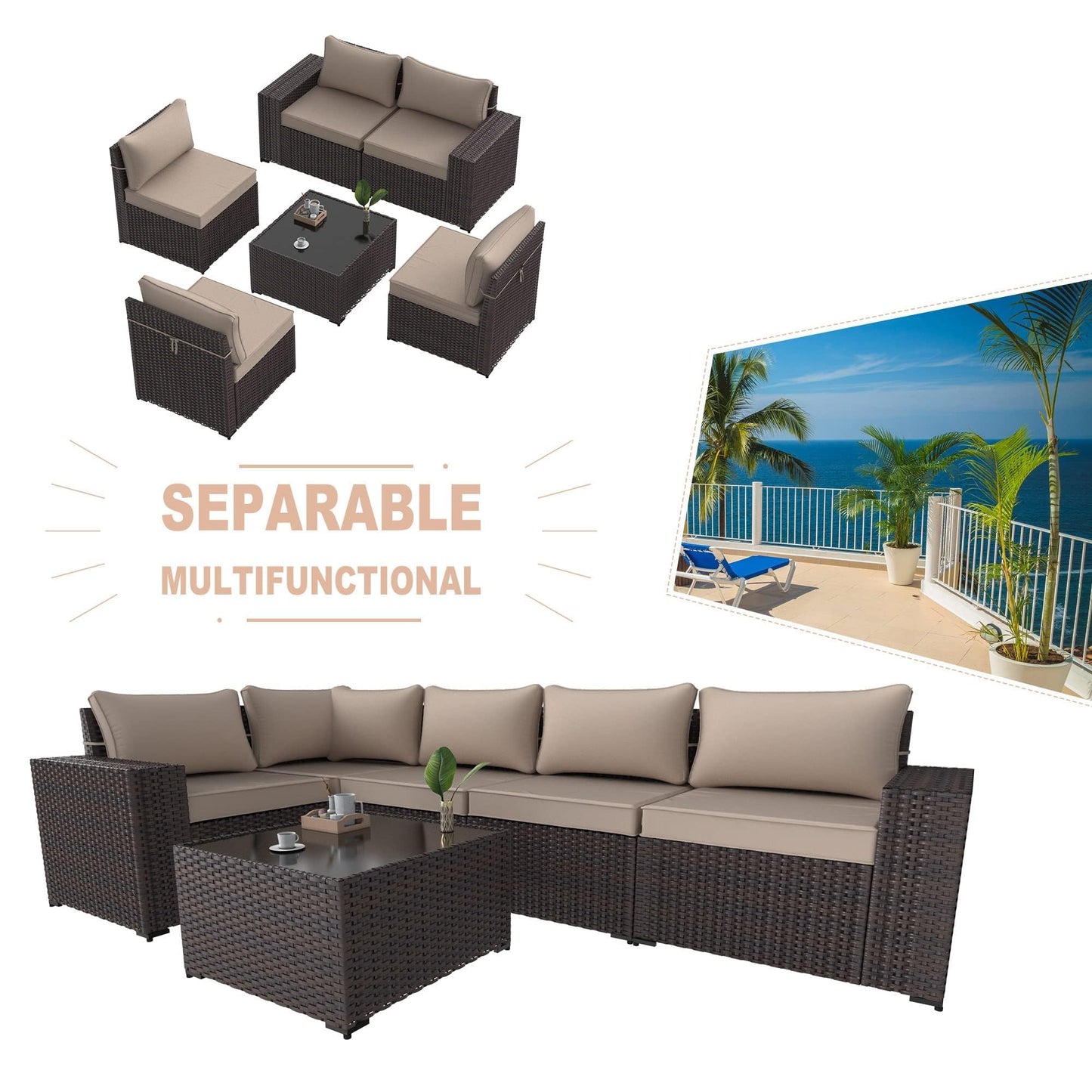Gotland 6 Pieces Outdoor Patio Furniture Set Rattan Wicker Conversation Set,Wide Armrest