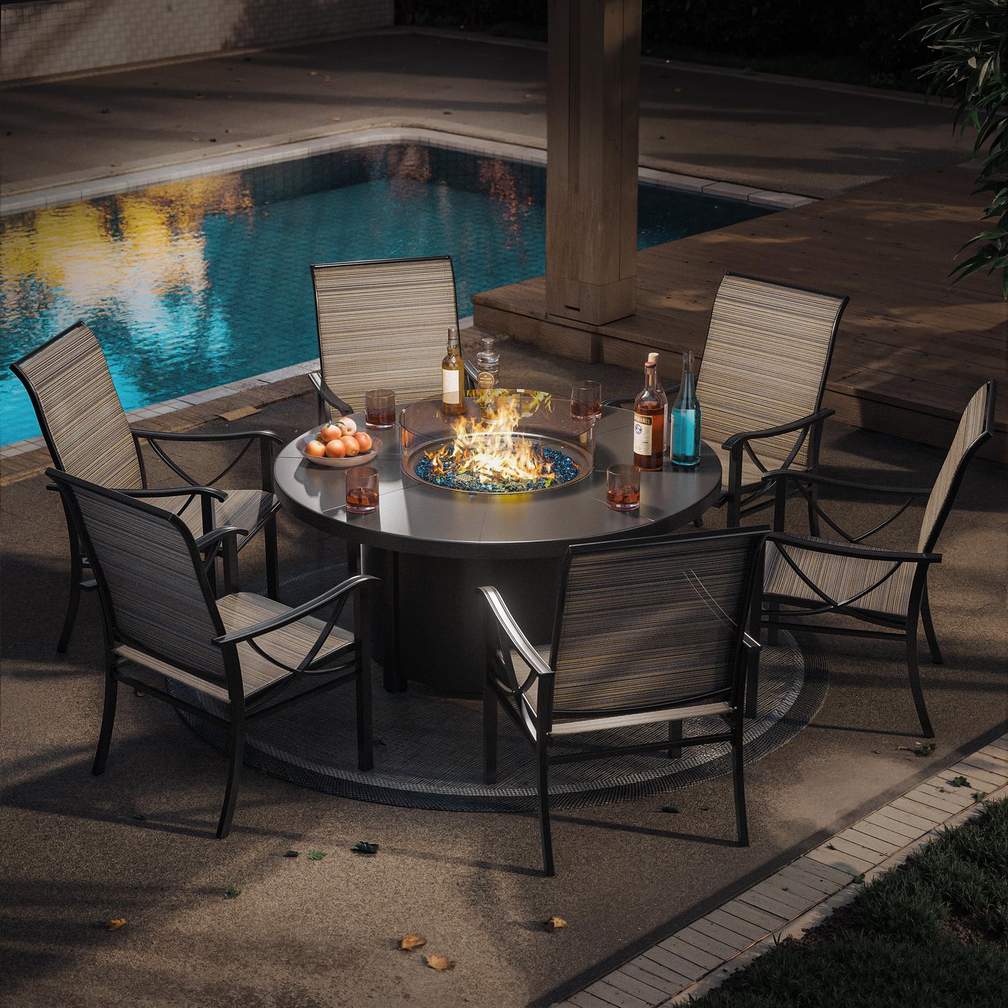 ALAULM 5 Piece Outdoor Conversation Sets, 4 Textilene Fabric Swivel Chairs with Metal Frame and w/48in Propane Round Fire Pit Table for Deck Garden Backyard Porch,Brown