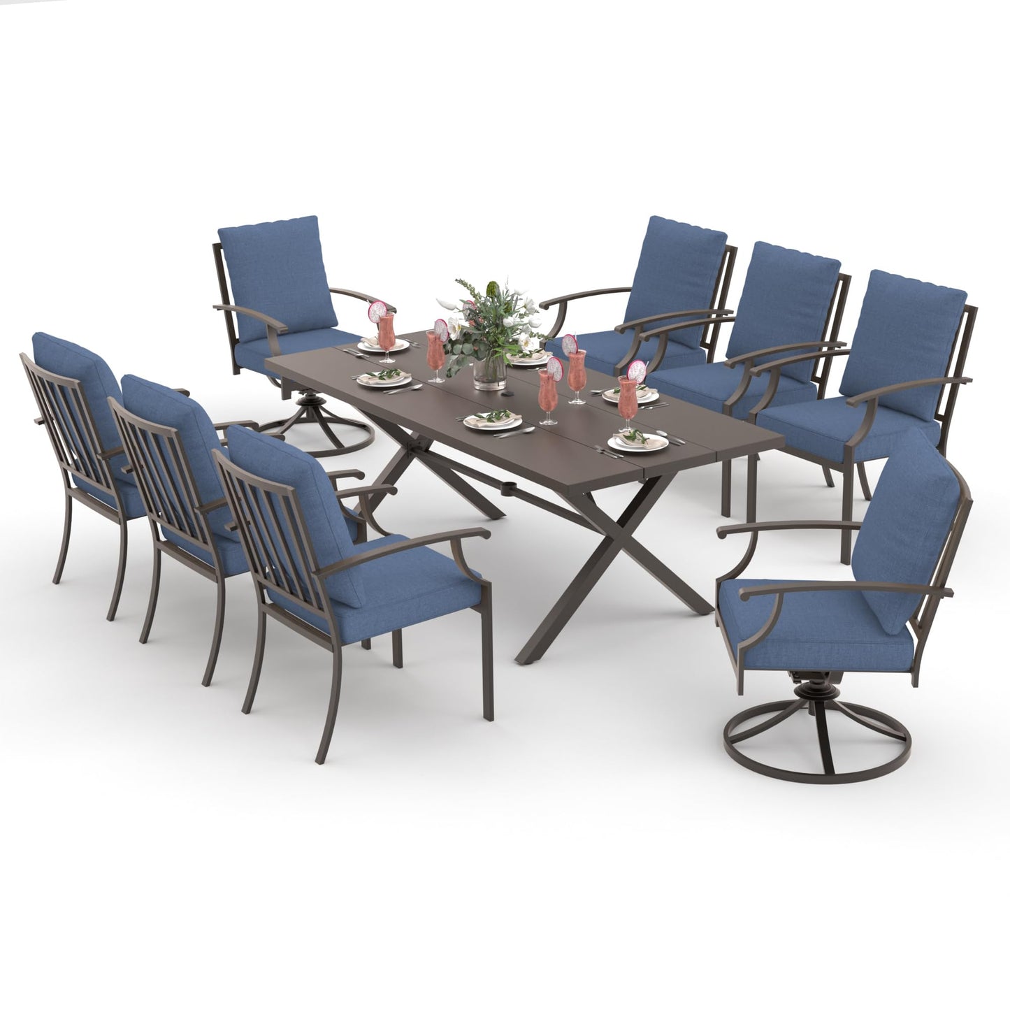 9-Piece Patio Dining Set | Swivel Chairs & Metal Table with Umbrella Hole
