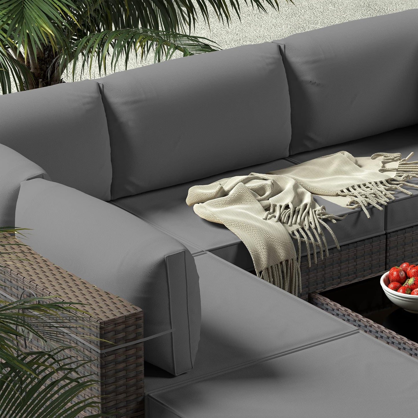 Gotland Outdoor Patio Furniture Set 9 Piece Sectional Rattan Sofa Set Rattan Wicker Patio Conversation Set with 8 Seat Cushions and 1 Tempered Glass Table