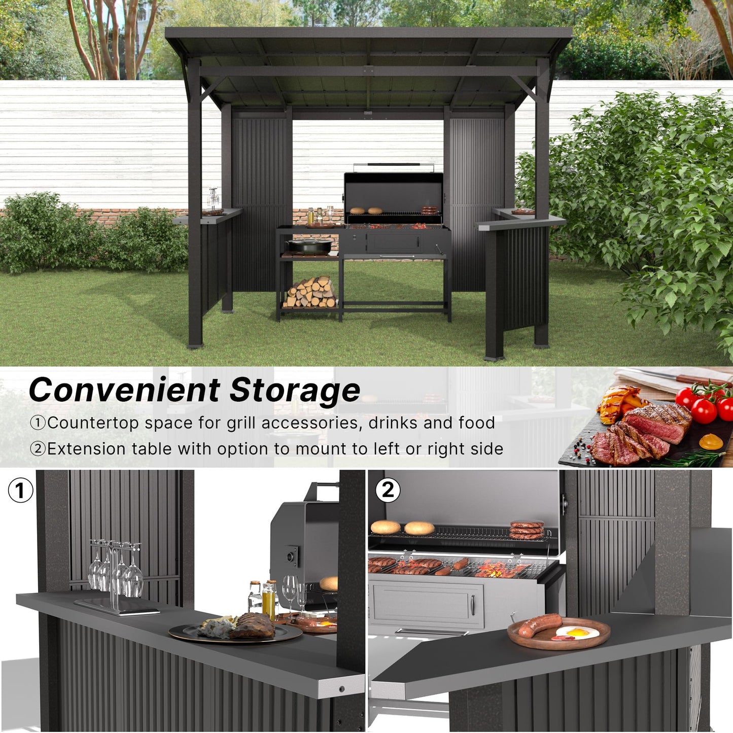 Gotland 10' x 10' Outdoor Hardtop Grill Gazebo, Steel BBQ Gazebo with Multi-Tier Shelves Permanent & Independent Countertop for Patio Backyard Lawn Garden (Dark)