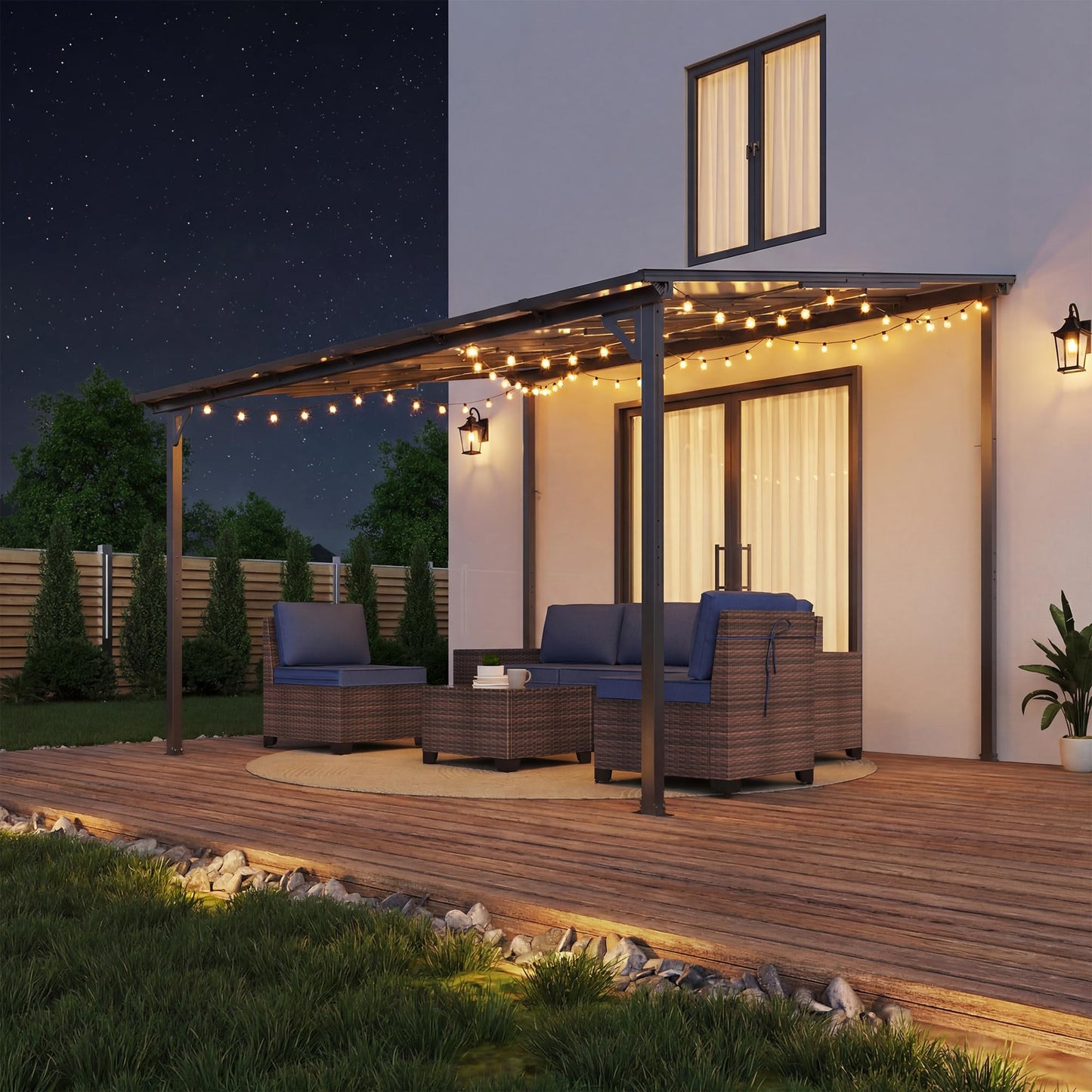 ALAULM 5 FT x 8 FT Pergola, Lean to Gazebo with Ground Anchor Sturdy Structure, Outdoor Gazebo with Sloped Roof, Galvanized Steel Metal Pergola, Wall Mounted Gazebo for Backyard Deck Tawny