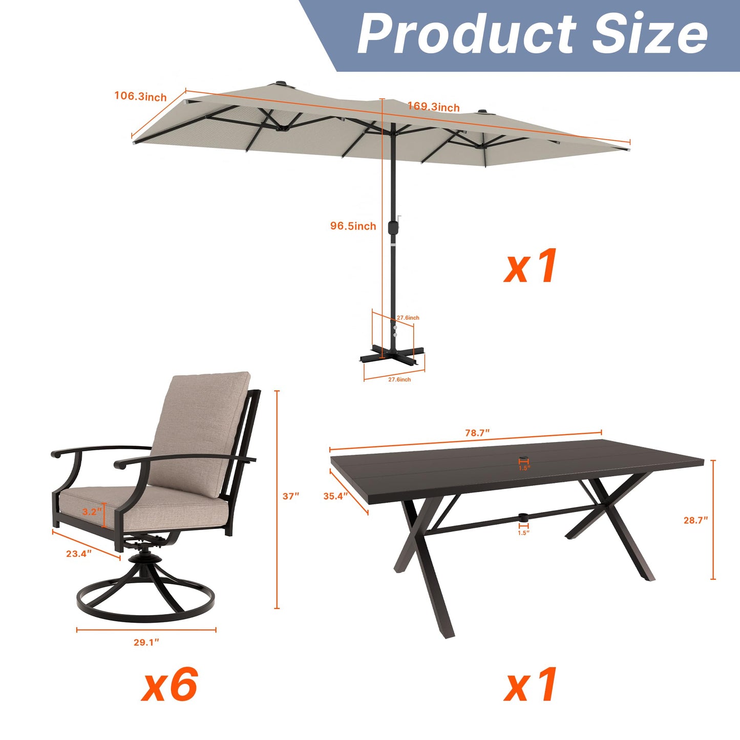 Gotland 8PCS Outdoor Patio Dining Set with 13.6ft Double-Sided Patio Umbrella, Patio Table and Chairs Metal Outdoor Patio Furniture Set, Dining Table Set with 6 Swivel Chairs