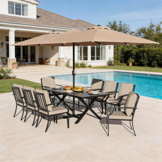 Gotland 10PCS Patio Conversation Set, Metal Outdoor Furniture Set Includes 13.6FT Umbrella, Hole Cut-Out 78.7" x 35.4" Table and 8 Metal Stackable chairs for Backyard Garden