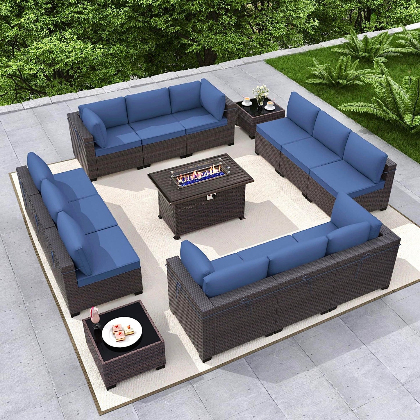 Gotland Outdoor Patio Furniture Set 14 Pieces Sectional Rattan Sofa Set PE Rattan Wicker Patio Conversation Set with Seat Cushions and Tempered Glass Table