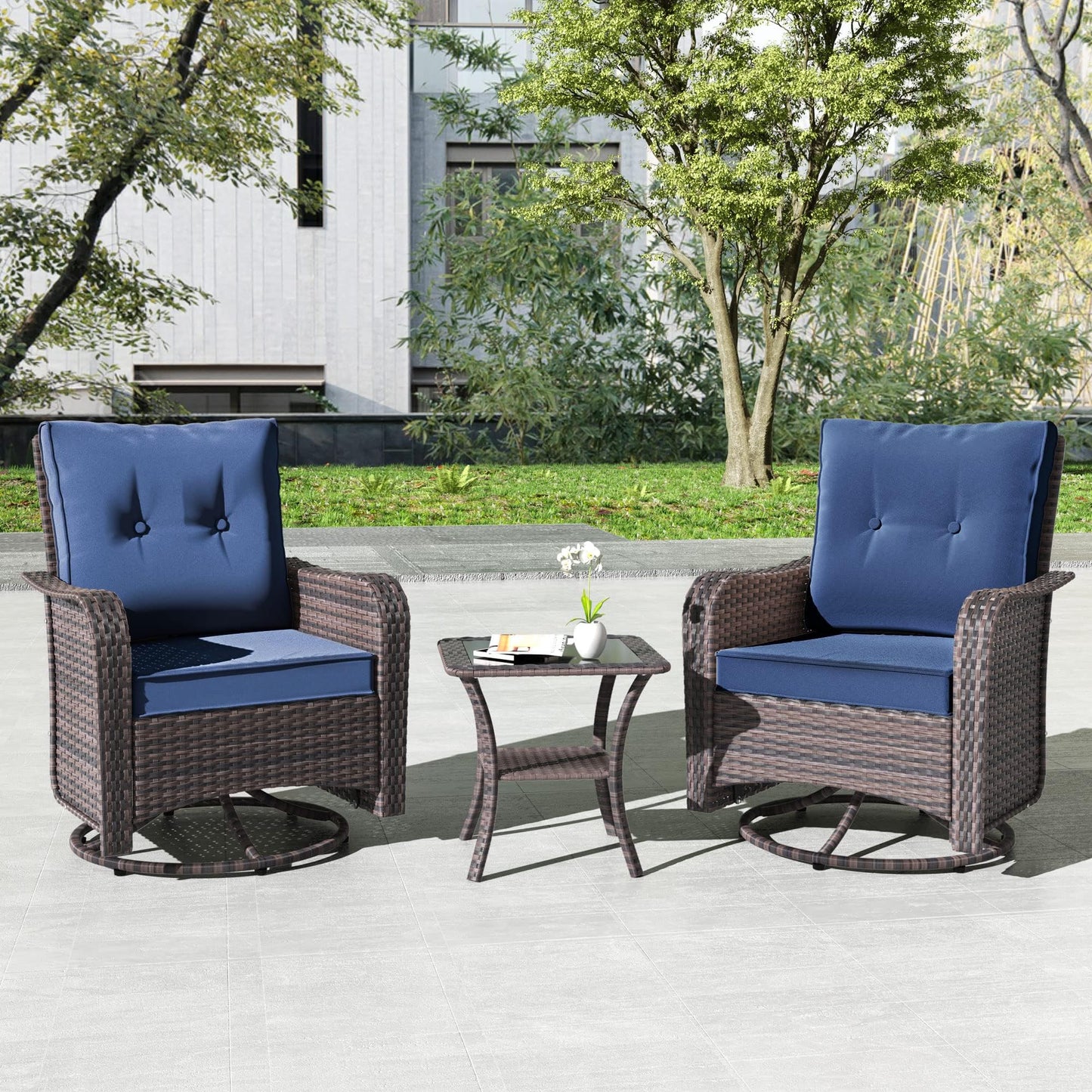 Gotland 5 Pieces Outdoor Swivel Chairs Set,Patio Wicker Rocker Chairs with 4" Thick Cushions,Side Table and Ottomans,Patio Conversation Furniture Set for Patio Porch Deck Backyard