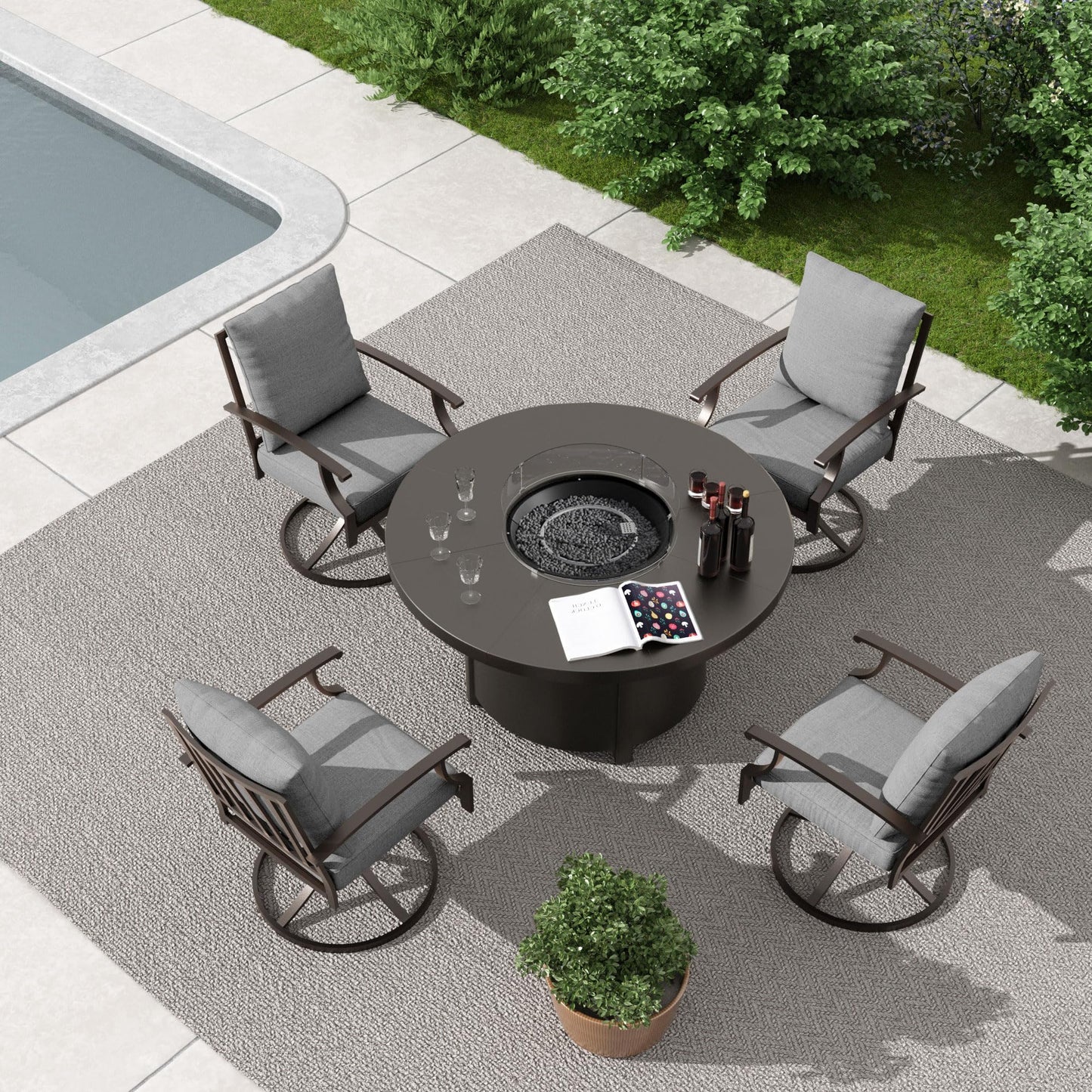 ALAULM 5PCS Metal Outdoor Patio Furniture Set with 48"/55000 BTU Round Fire Pit Table,Outdoor Dining Table Set 4 Swivel Chairs No-Slip Cushion