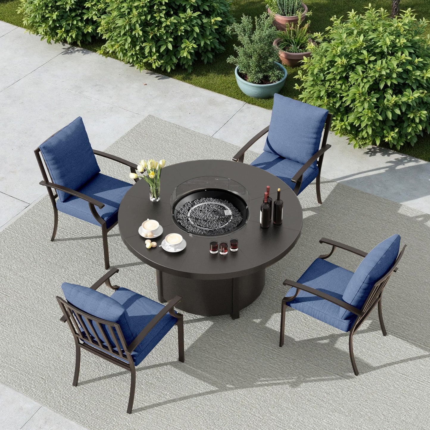 ALAULM 5PCS Metal Outdoor Patio Furniture Set with 48"/55000 BTU Round Propane Fire Pit Table,Patio Conversation Sets 4 Fixed Chairs No-Slip Cushions