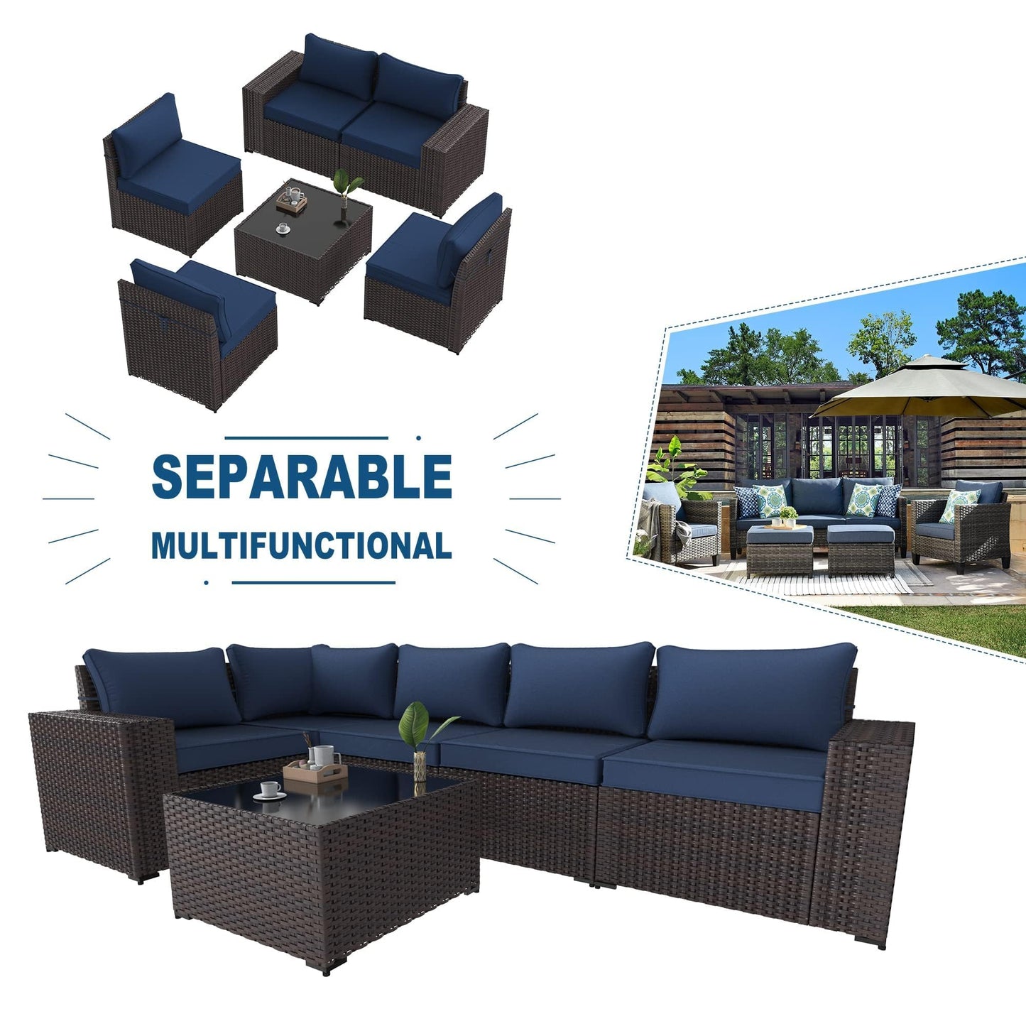 Gotland 6 Pieces Outdoor Patio Furniture Set Rattan Wicker Conversation Set,Wide Armrest