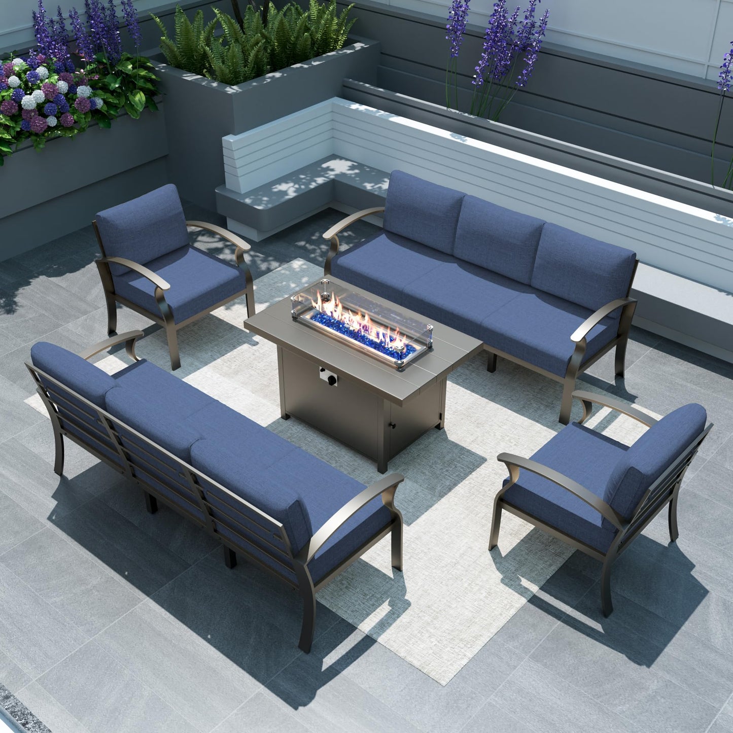 Gotland 8 Seats Outdoor Metal Patio Furniture Set with 55,000 BTU Gas Fire Pit Table w/Glass Wind Guard Patio Conversation Sectional Sofa Sets