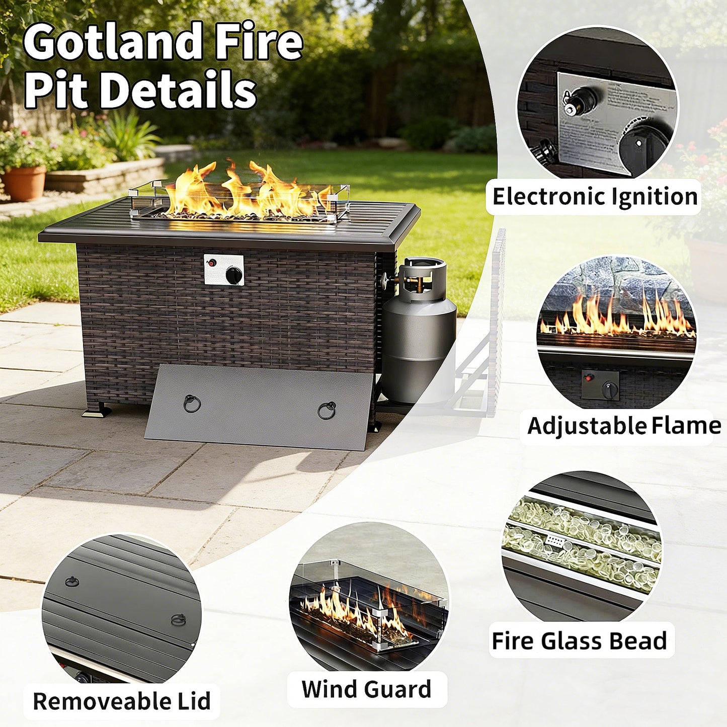 Gotland 13PCS Outdoor PE Rattan Wicker Patio Furniture Set with 43" Fire Pit Table & Swivel Rocking Chairs Set