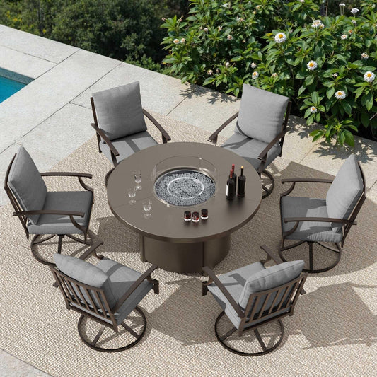 ALAULM 7PCS Metal Outdoor Patio Furniture Set with 48"/55000 BTU Round Fire Pit Table,Outdoor Dining Table Set 6 Swivel Chairs No-Slip Cushions
