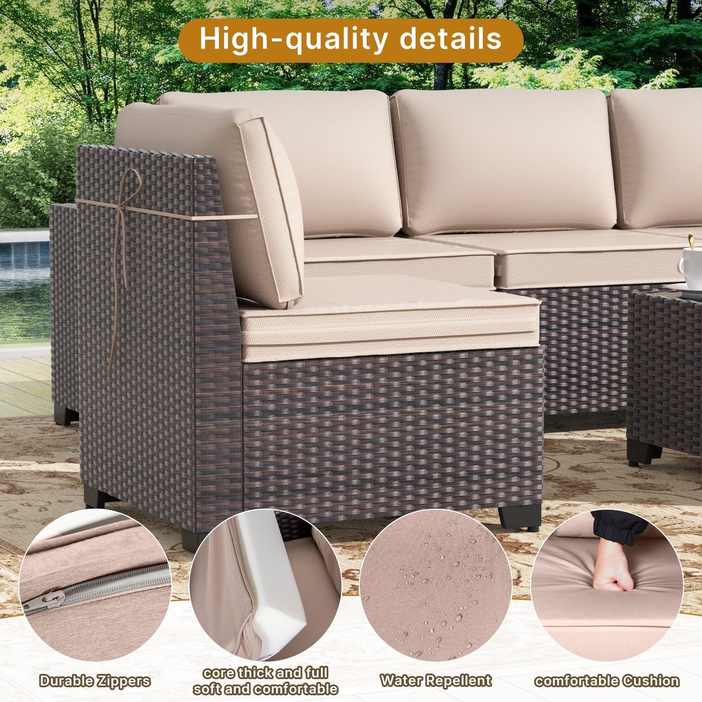Gotland Outdoor Patio Furniture Set with 43" Propane Fire Pit Table, 7 Pieces Outdoor Furniture Patio Sectional Sofa Conversation Sets
